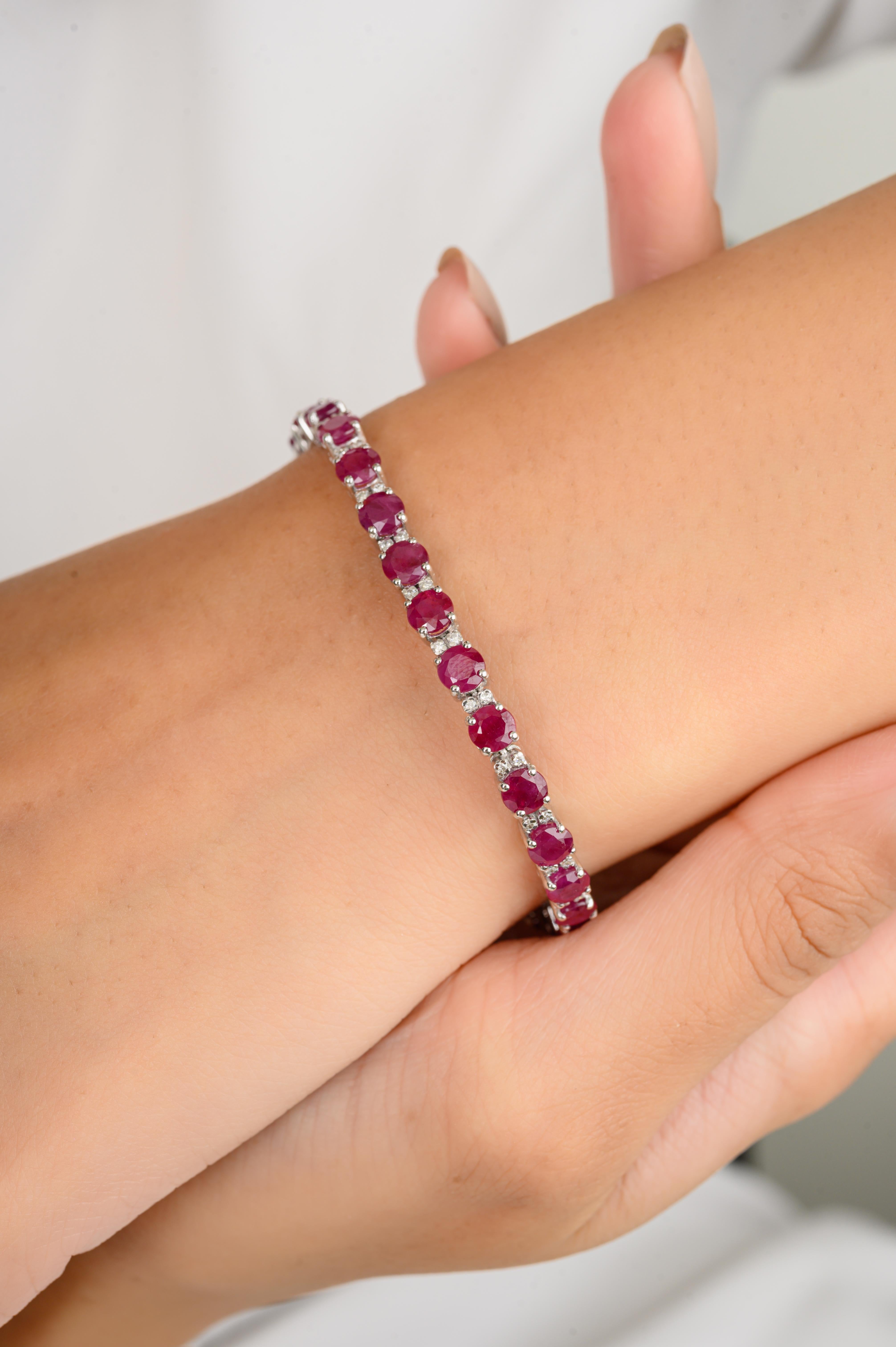 Brilliant Round Cut Ruby Diamond Tennis Bracelet for Wedding in 14k White Gold For Sale 1