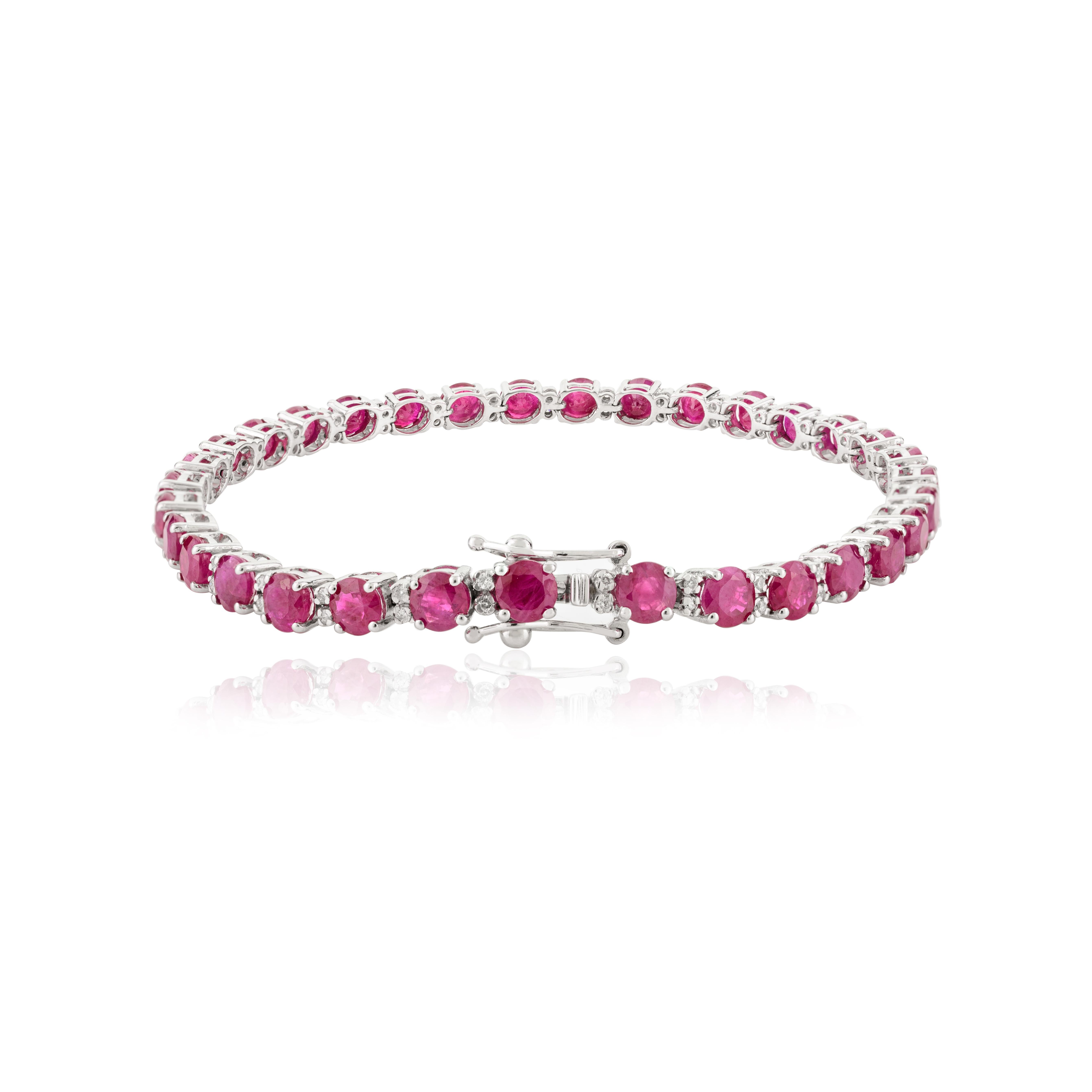 Brilliant Round Cut Ruby Diamond Tennis Bracelet for Wedding in 14k White Gold For Sale 2