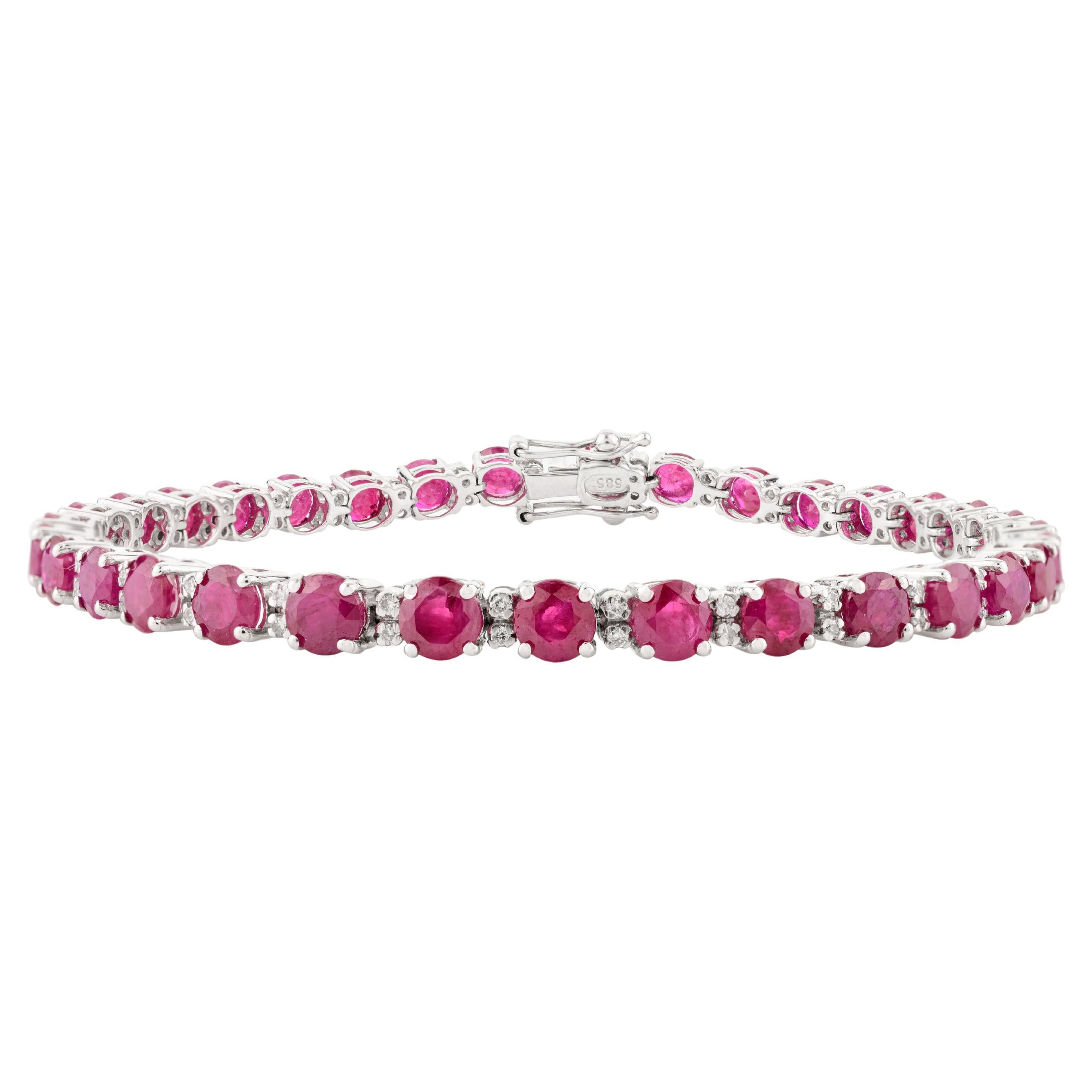 Brillant-Rundschliff Rubin-Diamant-Tennis-Armband für Hochzeit in 14k Weißgold