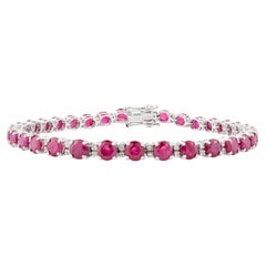 Bracelet tennis pour mariage en or blanc 14 carats avec diamants et rubis brillants de taille ronde