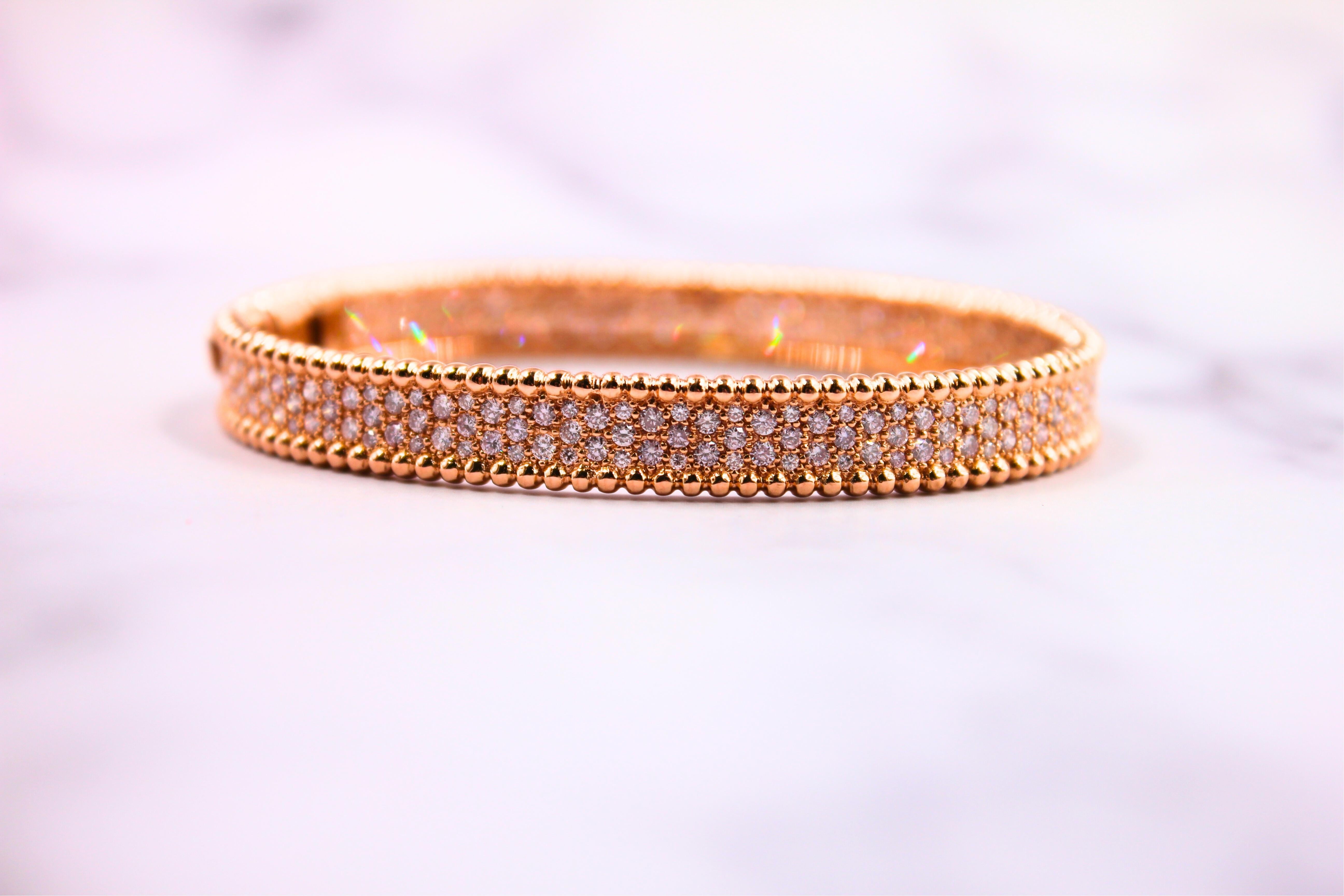 Brilliant Round Diamonds Pave Golden Bead Solid 18k Rose Gold Bangle Bracelet For Sale 3