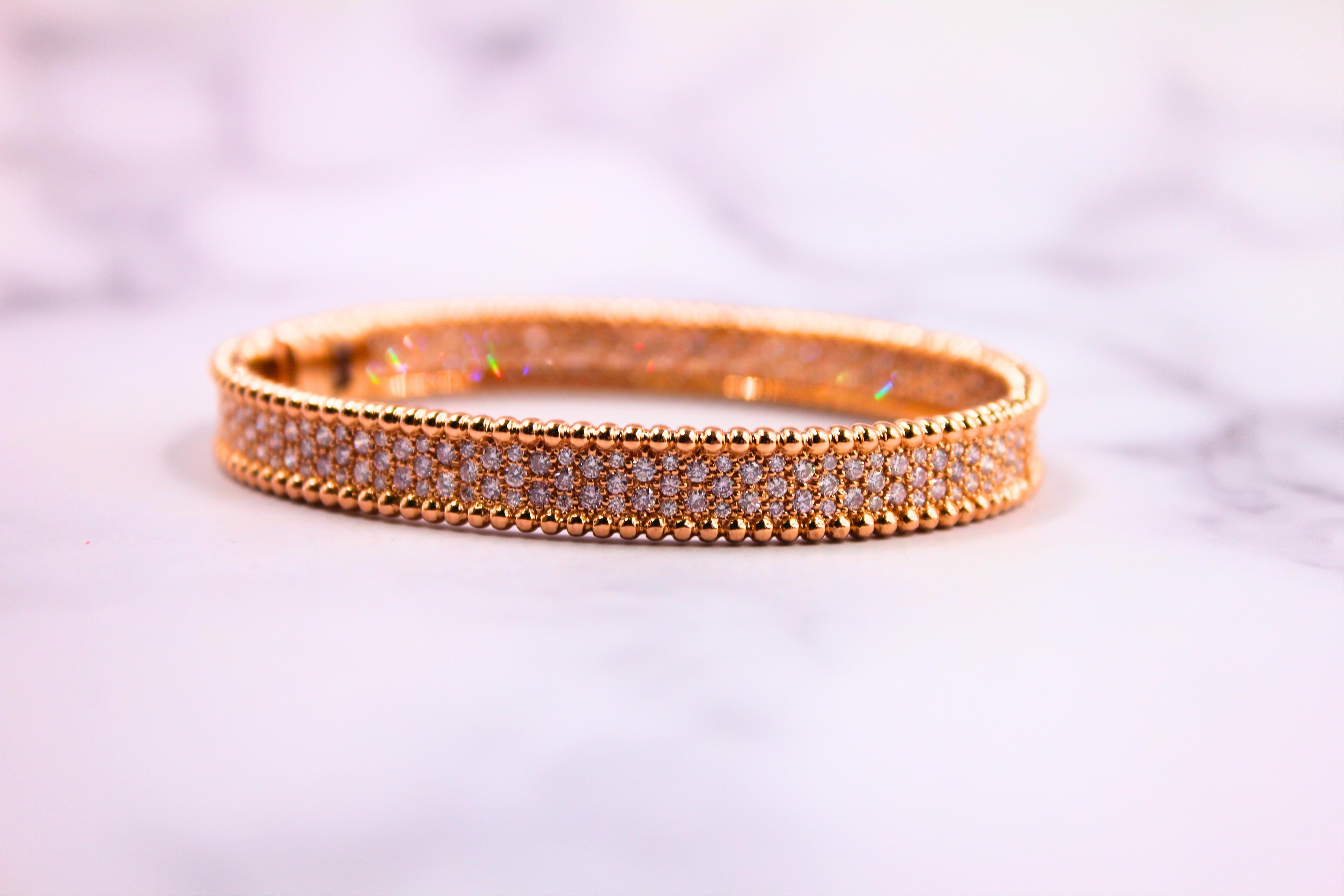 Brilliant Round Diamonds Pave Golden Bead Solid 18k Rose Gold Bangle Bracelet For Sale 4