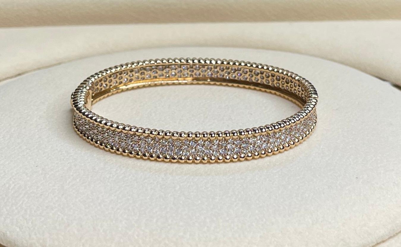 Modern Brilliant Round Diamonds Pave Golden Bead Solid 18k Rose Gold Bangle Bracelet For Sale