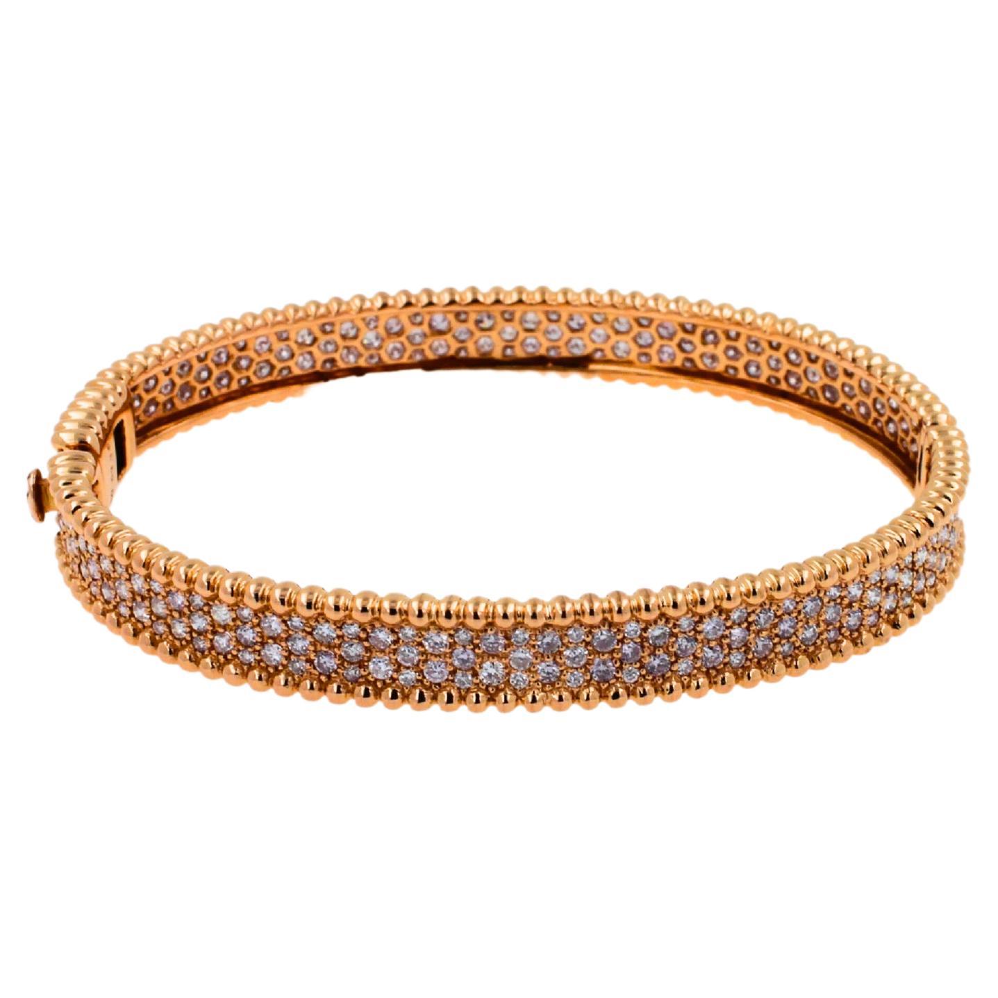 Brilliant Round Diamonds Pave Golden Bead Solid 18k Rose Gold Bangle Bracelet