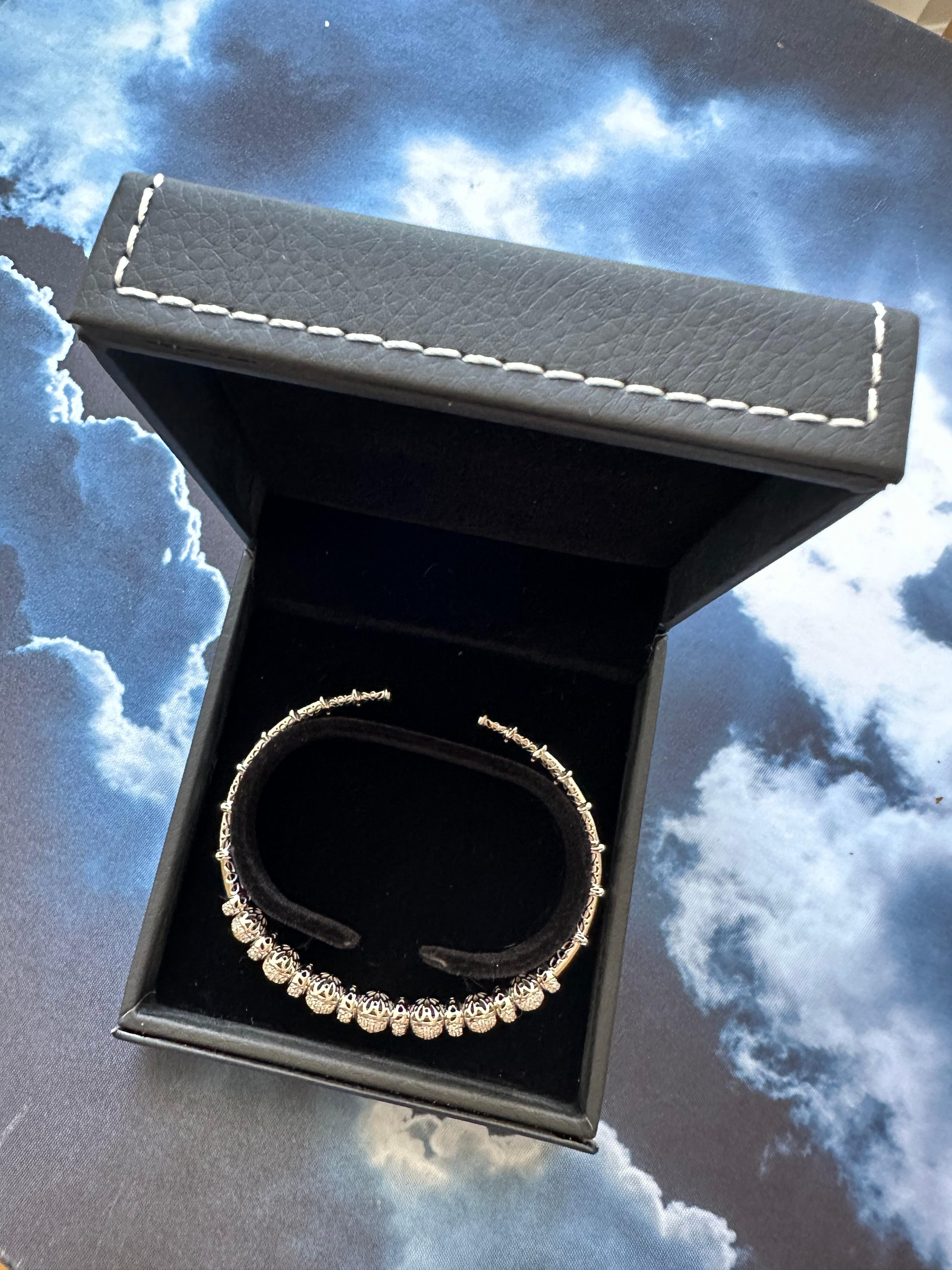 Brilliant Round Diamonds Pave Set Golden Bead White Gold Bangle Cuff Bracelet For Sale 6