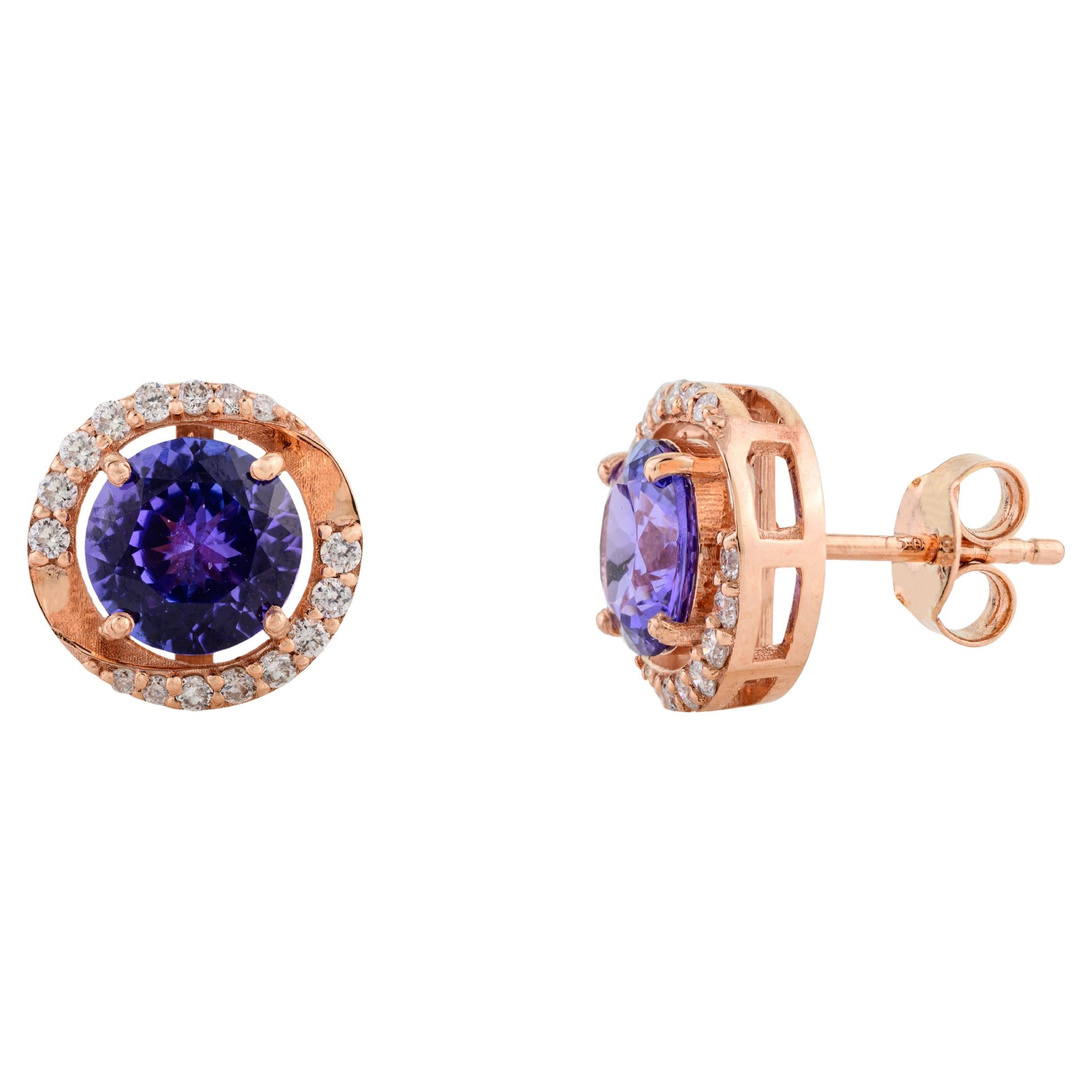 Pendientes de tanzanita redonda brillante para abuela en oro rosa de 18k