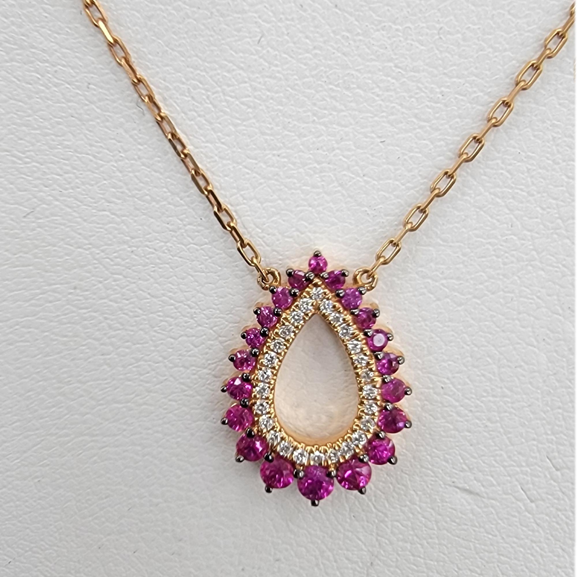 Brilliant Ruby and Diamonds Pendant 18 Karat Rose Gold Drop Shape Cluster Frame In New Condition For Sale In Brooklyn, NY