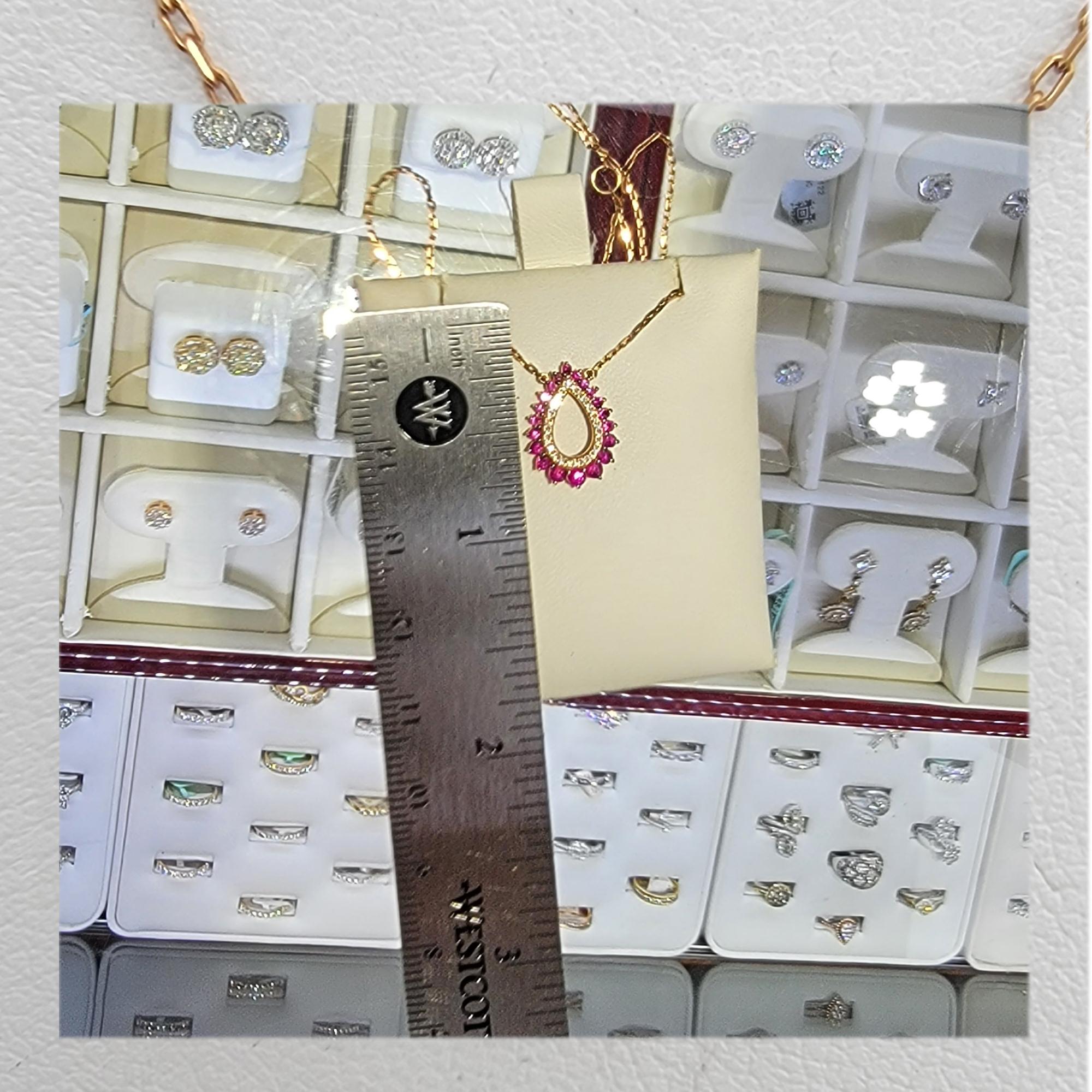 Women's Brilliant Ruby and Diamonds Pendant 18 Karat Rose Gold Drop Shape Cluster Frame For Sale