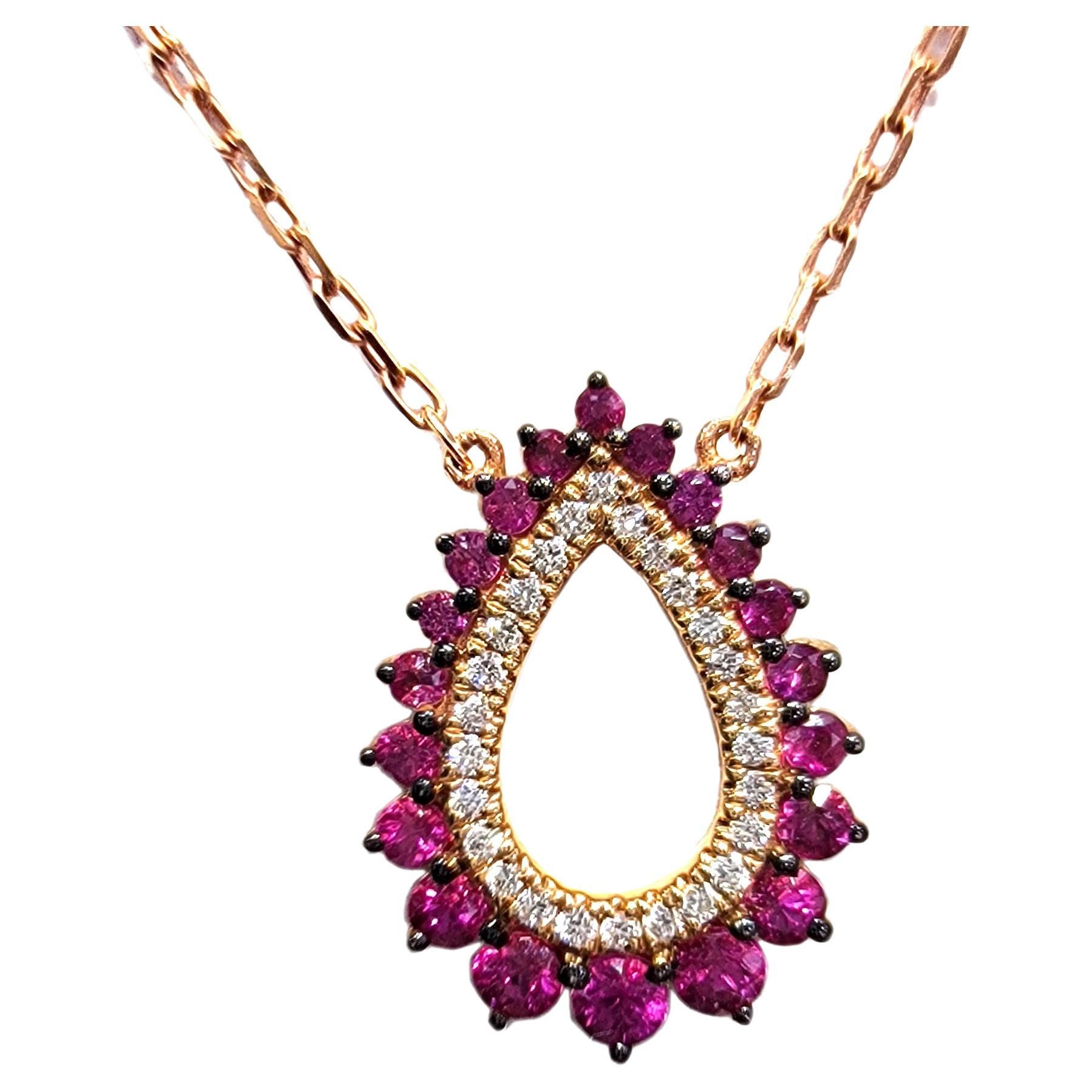 Brilliant Ruby and Diamonds Pendant 18 Karat Rose Gold Drop Shape Cluster Frame For Sale