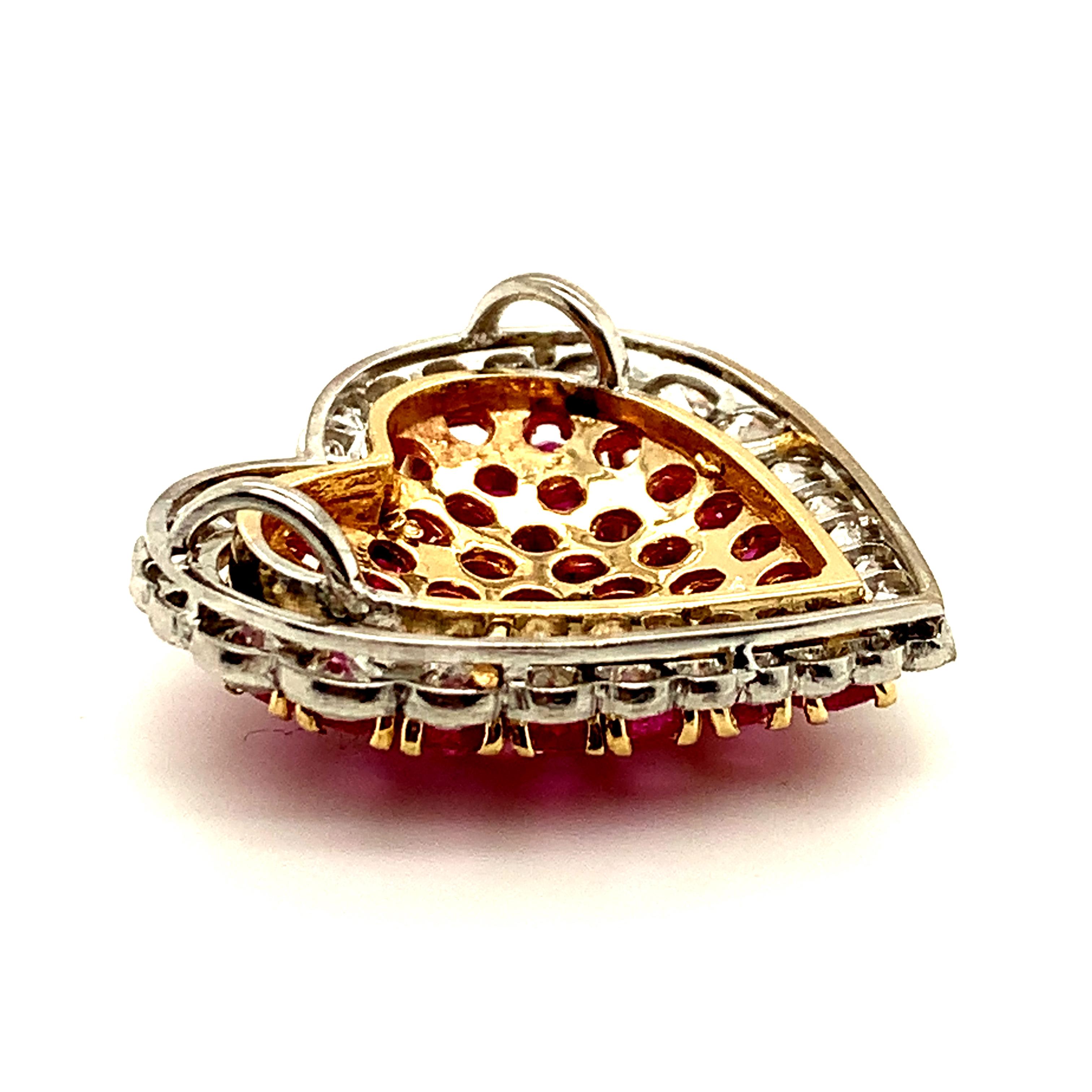 Brilliant Ruby Diamond Gold Platinum Heart Pendant In Excellent Condition For Sale In New York, NY