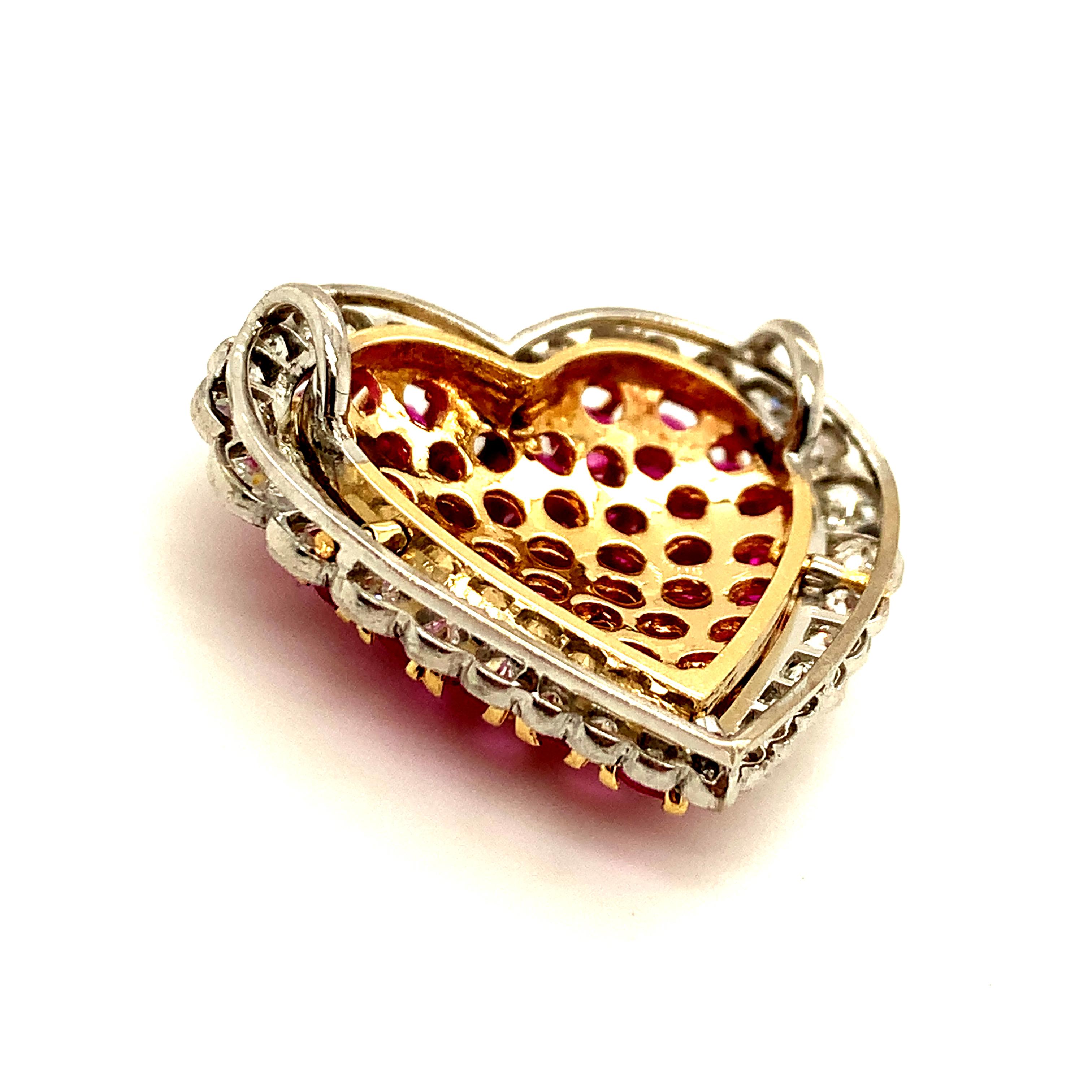 Women's or Men's Brilliant Ruby Diamond Gold Platinum Heart Pendant For Sale