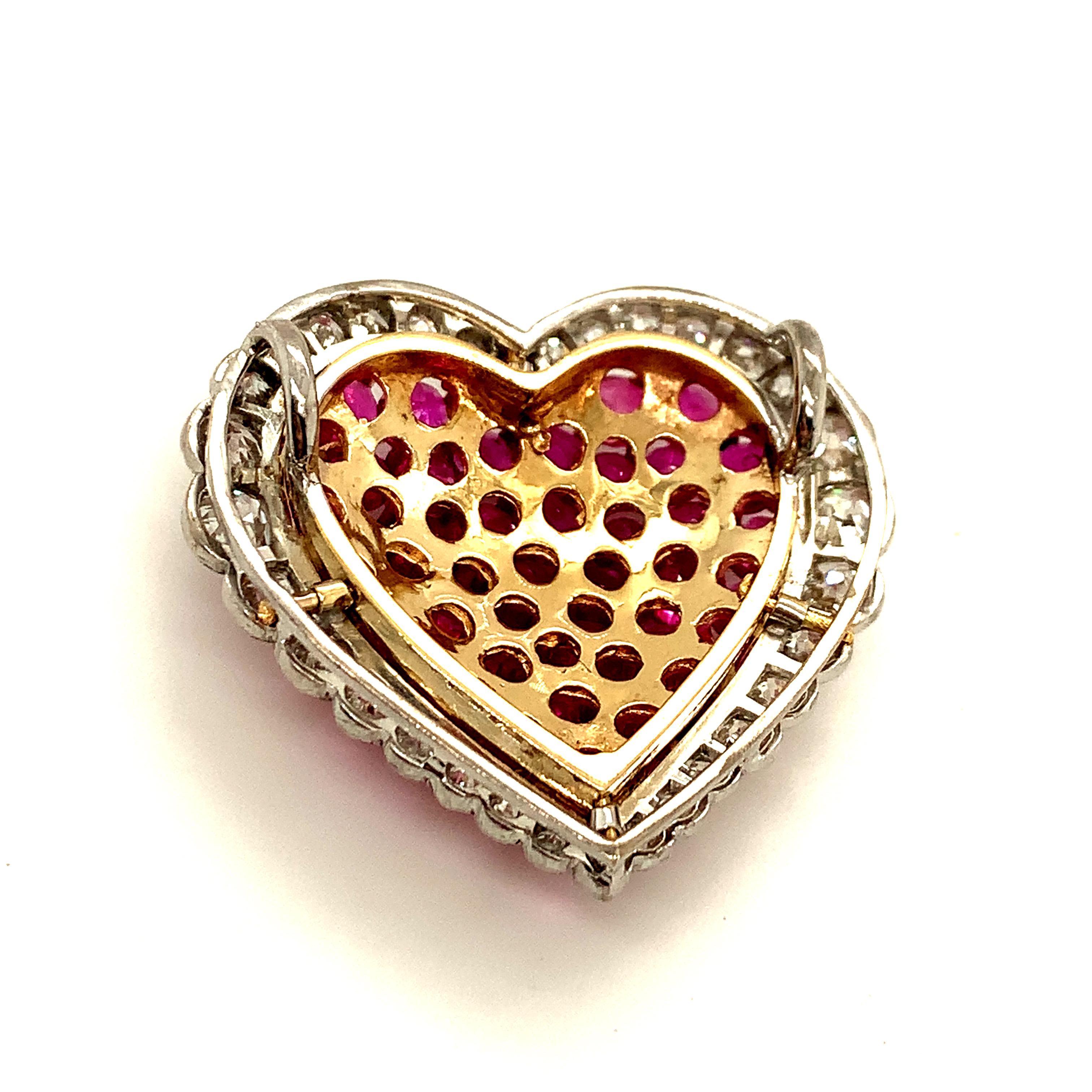 Brilliant Ruby Diamond Gold Platinum Heart Pendant For Sale 2
