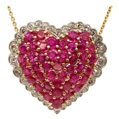 Antique Brilliant Ruby Diamond Gold Platinum Heart Pendant