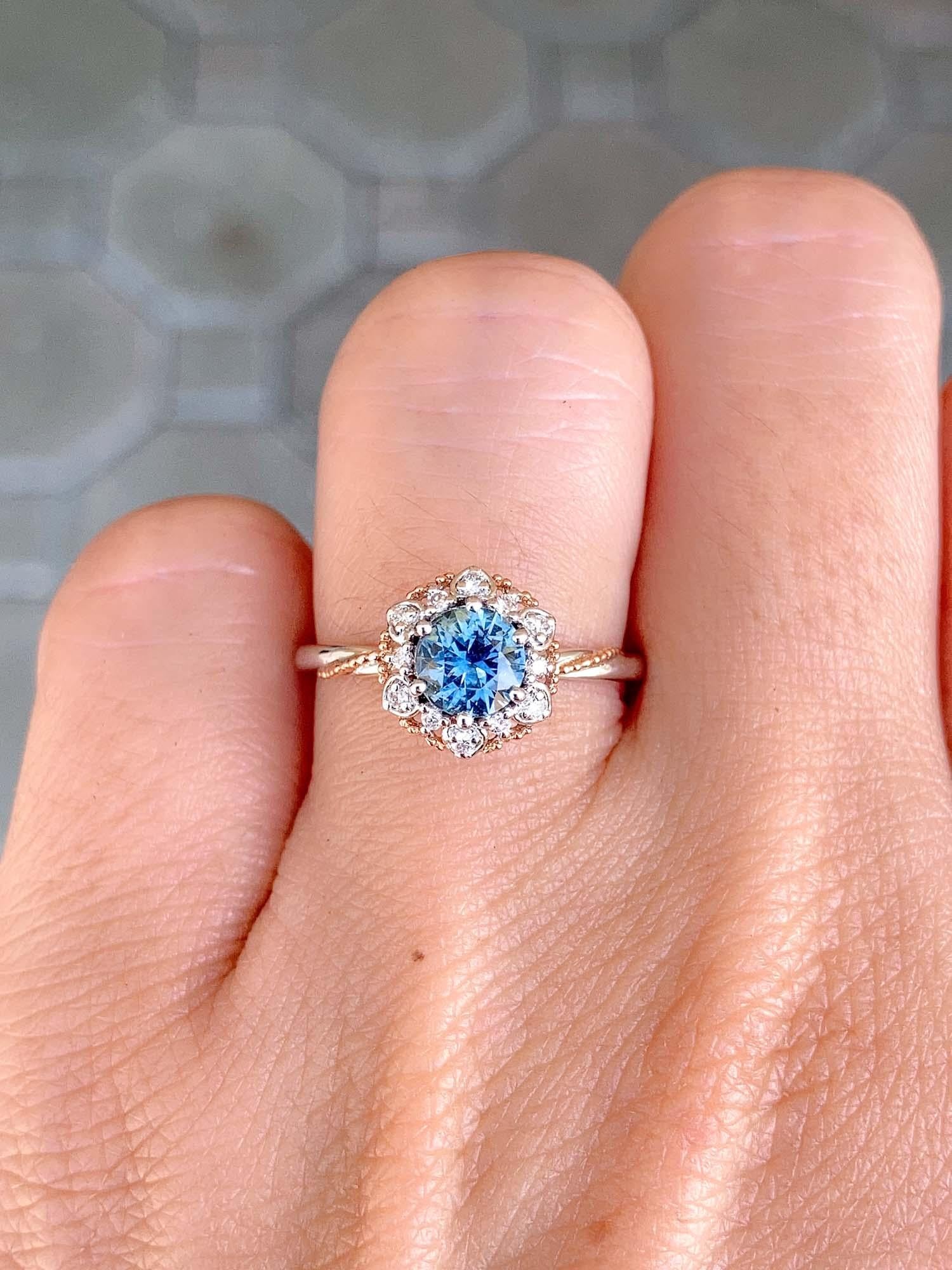 Round Cut Brilliant Teal Blue Montana Sapphire Floral Style Engagement Ring 14k Gold R6493 For Sale