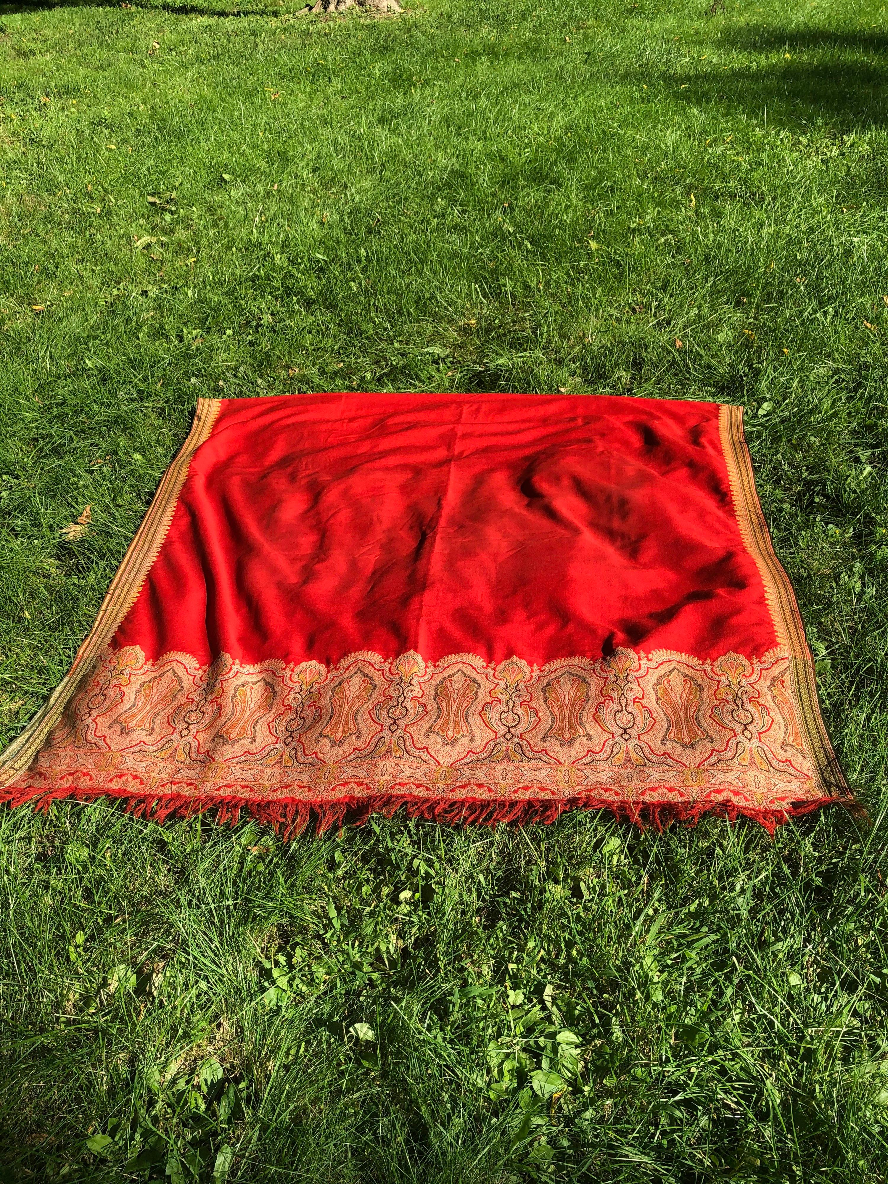 Indian Tomato Red Wool Kashmiri Paisley Bordered Throw For Sale