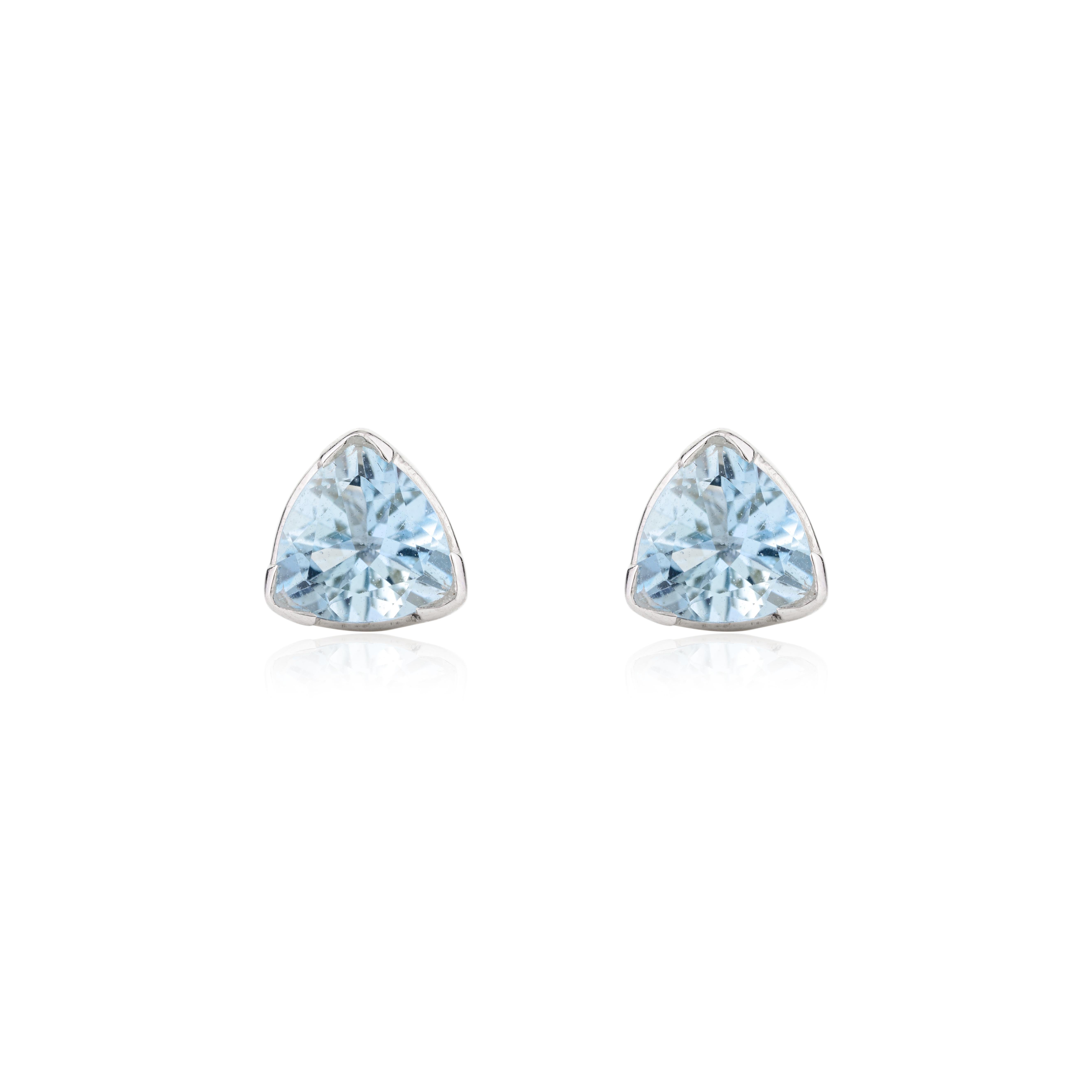 Modern Brilliant Trillion Aquamarine Stud Earrings Gift for Her in 14k Solid White Gold For Sale
