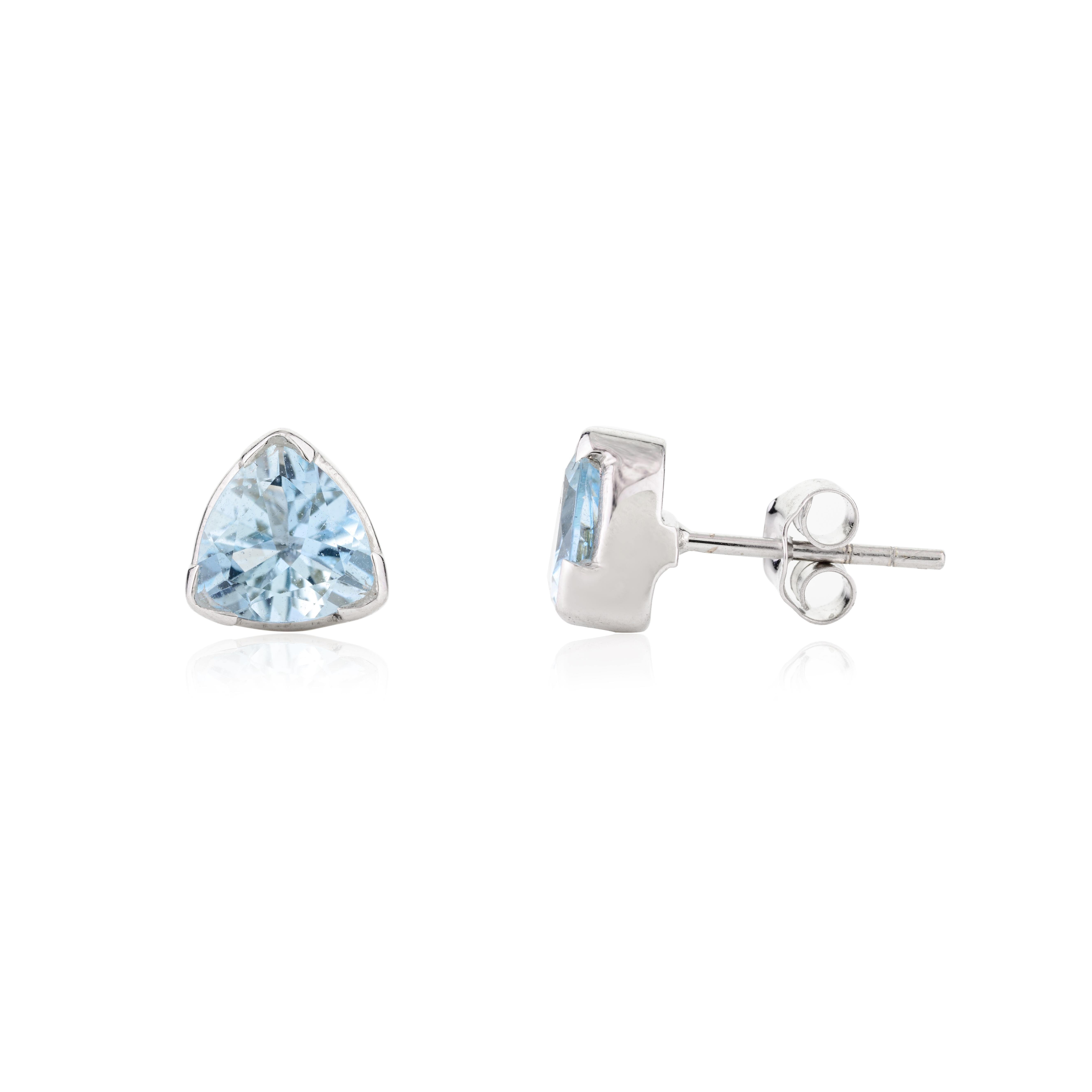 Brilliant Trillion Aquamarine Stud Earrings Gift for Her in 14k Solid White Gold In New Condition For Sale In New York, NY