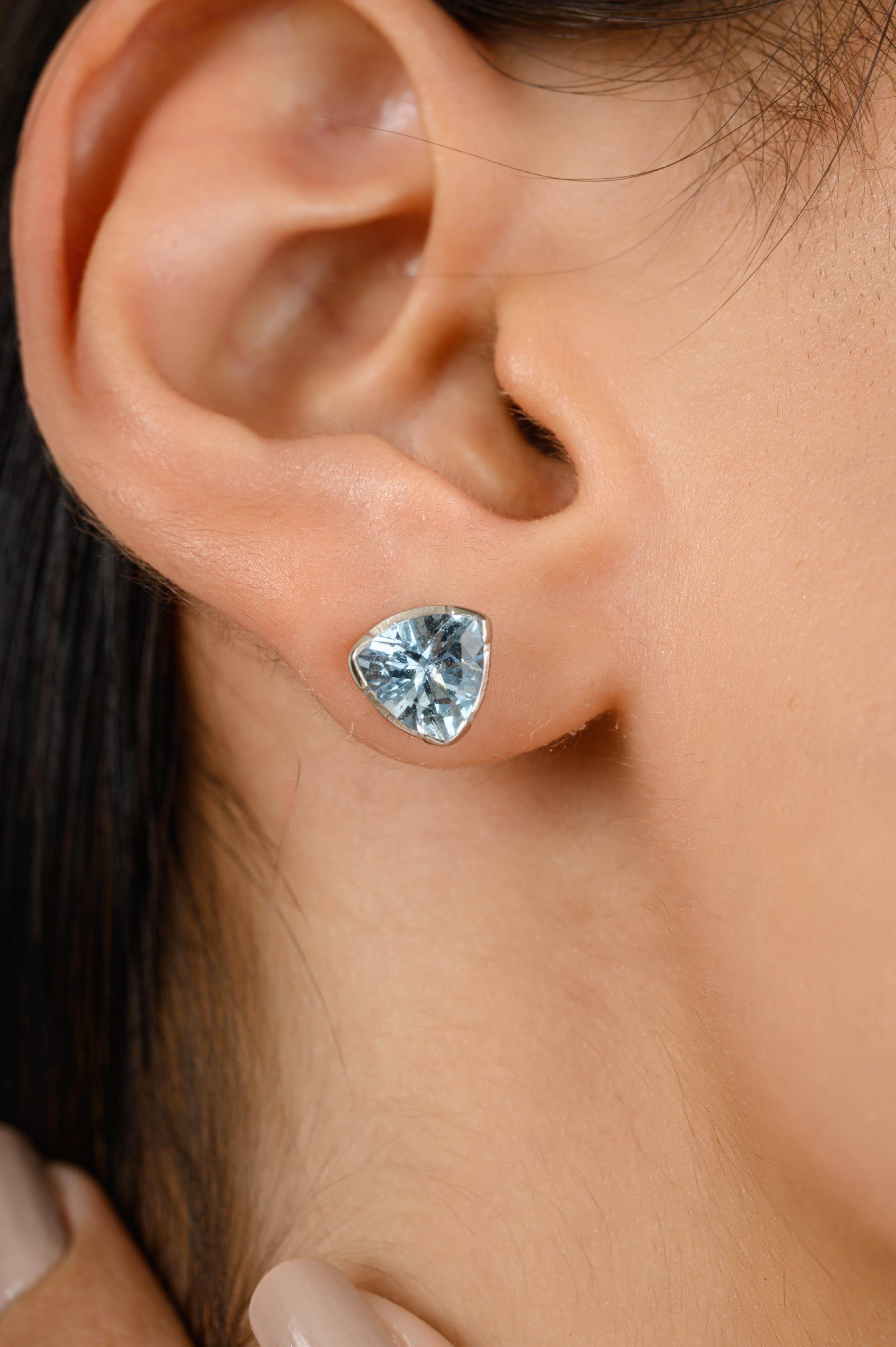 Women's Brilliant Trillion Aquamarine Stud Earrings Gift for Her in 14k Solid White Gold For Sale