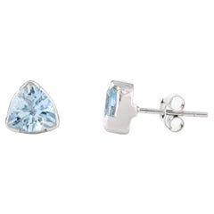 Brilliant Trillion Aquamarine Stud Earrings Gift for Her in 14k Solid White Gold