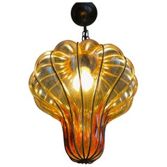 Antique Brilliant Venetian Murano Pendant Amber Colored Mouth Blown Glass in Metal Frame