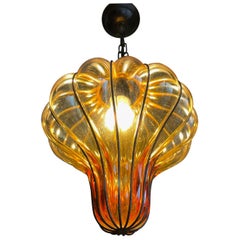 Brilliant Venetian Murano Pendant Amber Colored Mouth Blown Glass in Metal Frame