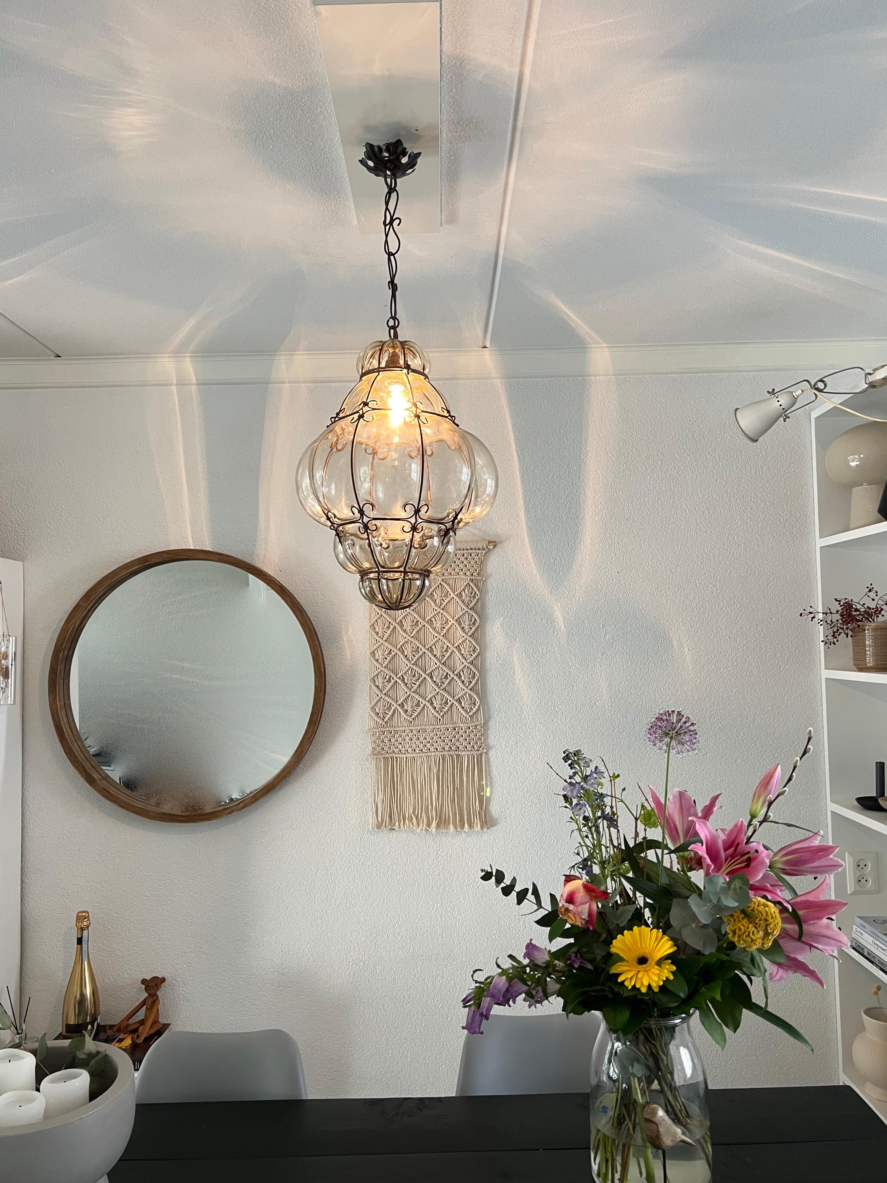 Blown Glass Brilliant Venetian Murano Pendant Light, Mouth Blown Smokey Amber Glass in Frame