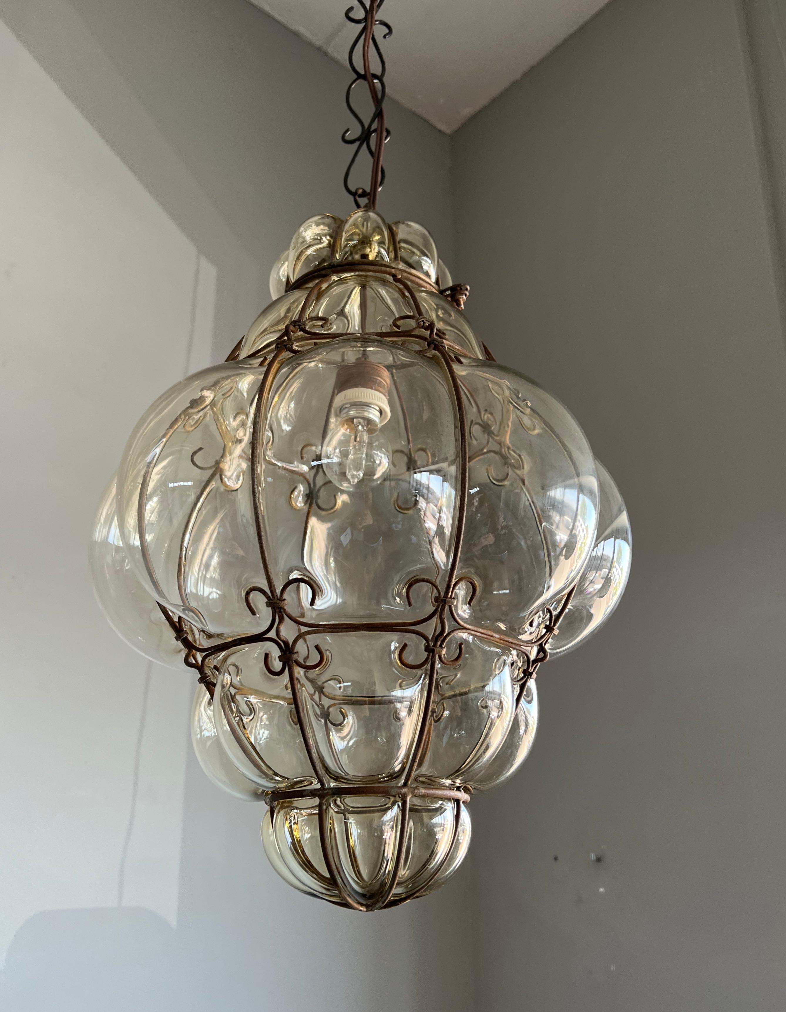 Brilliant Venetian Murano Pendant Light, Mouth Blown Smokey Amber Glass in Frame 1