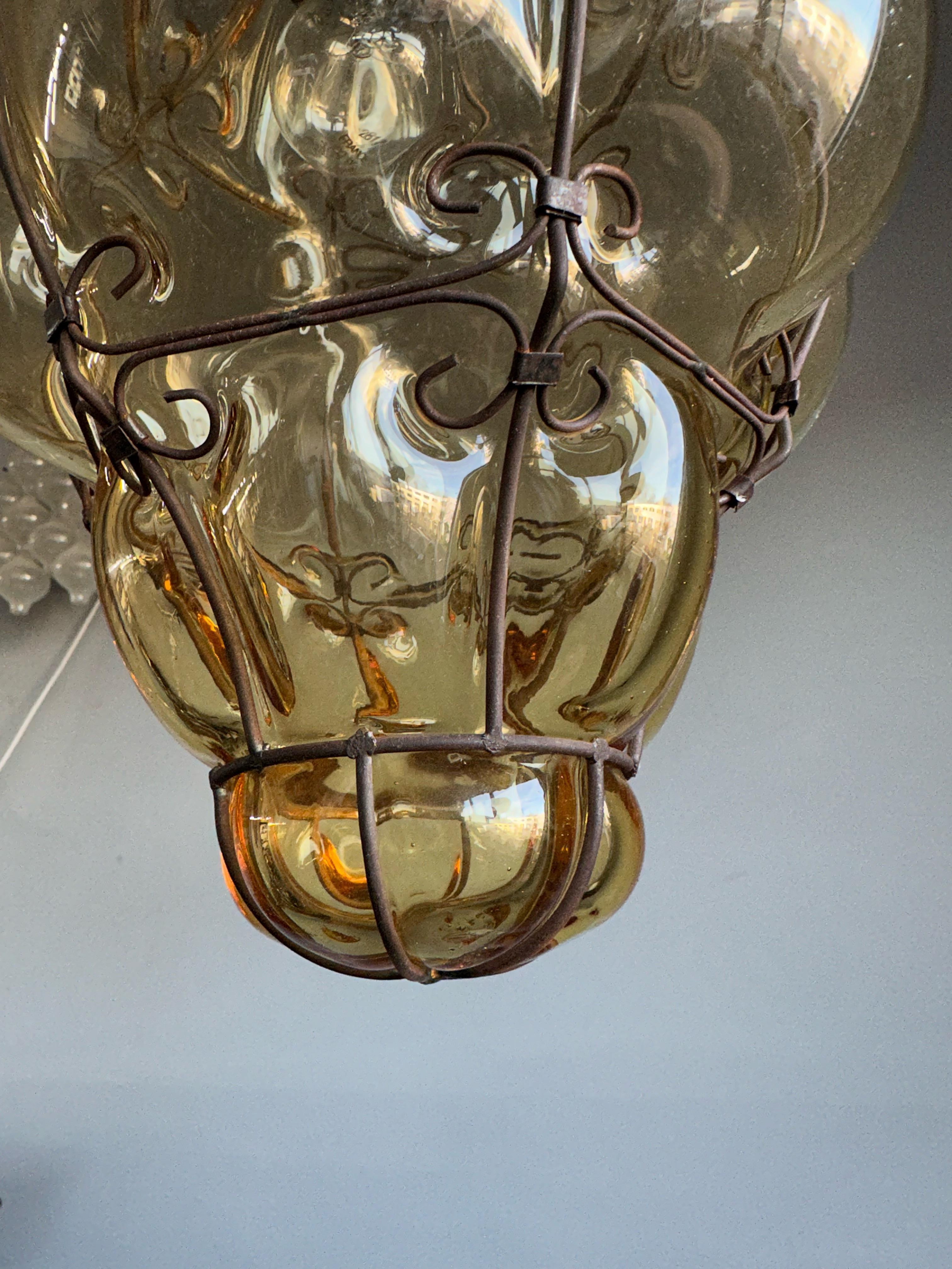 Antique Venetian Murano Pendant Light, Mouth Blown Smoked Glass in iron Frame 3