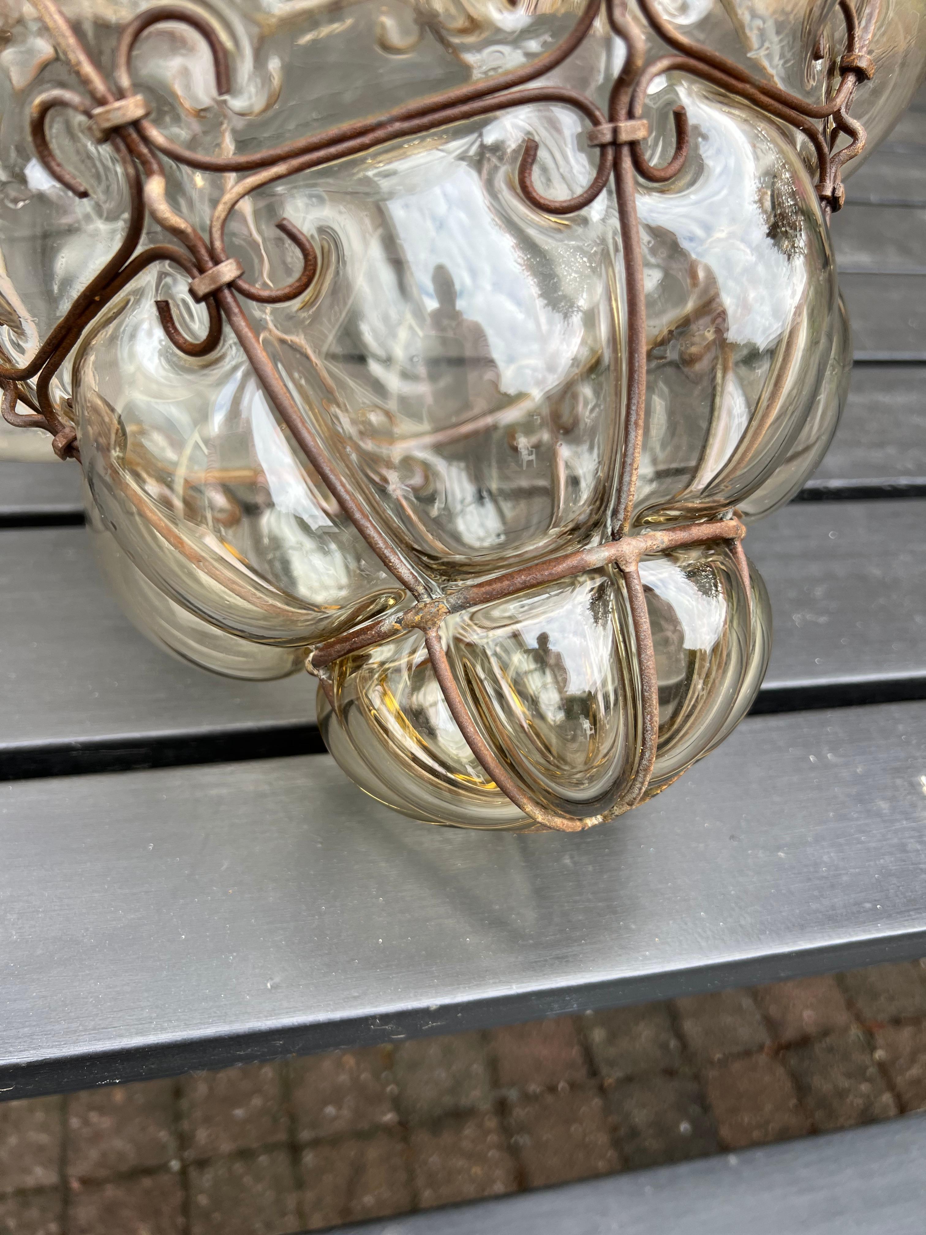 Brilliant Venetian Murano Pendant Light, Mouth Blown Smokey Amber Glass in Frame 3