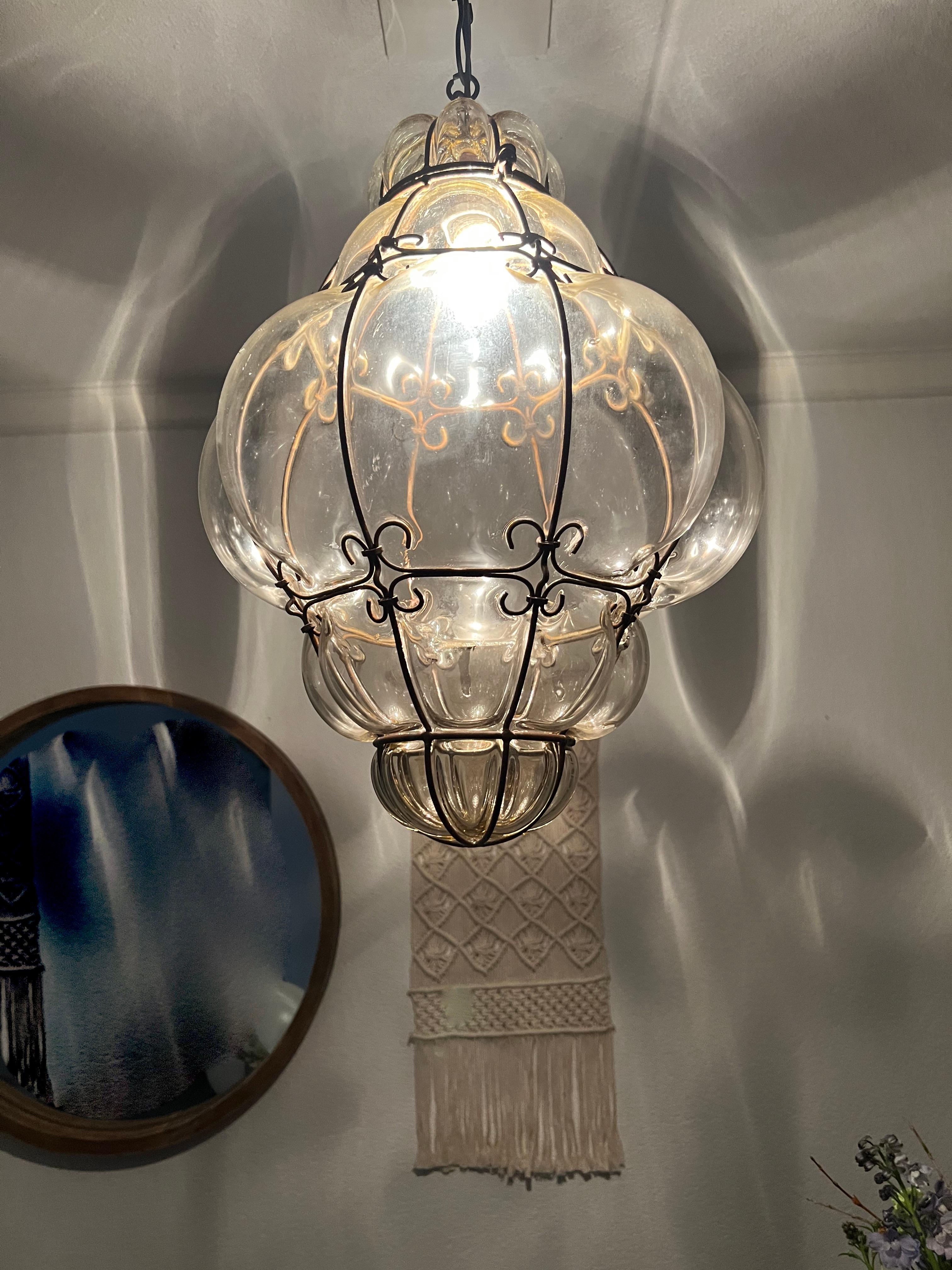 Brilliant Venetian Murano Pendant Light, Mouth Blown Smokey Amber Glass in Frame 4