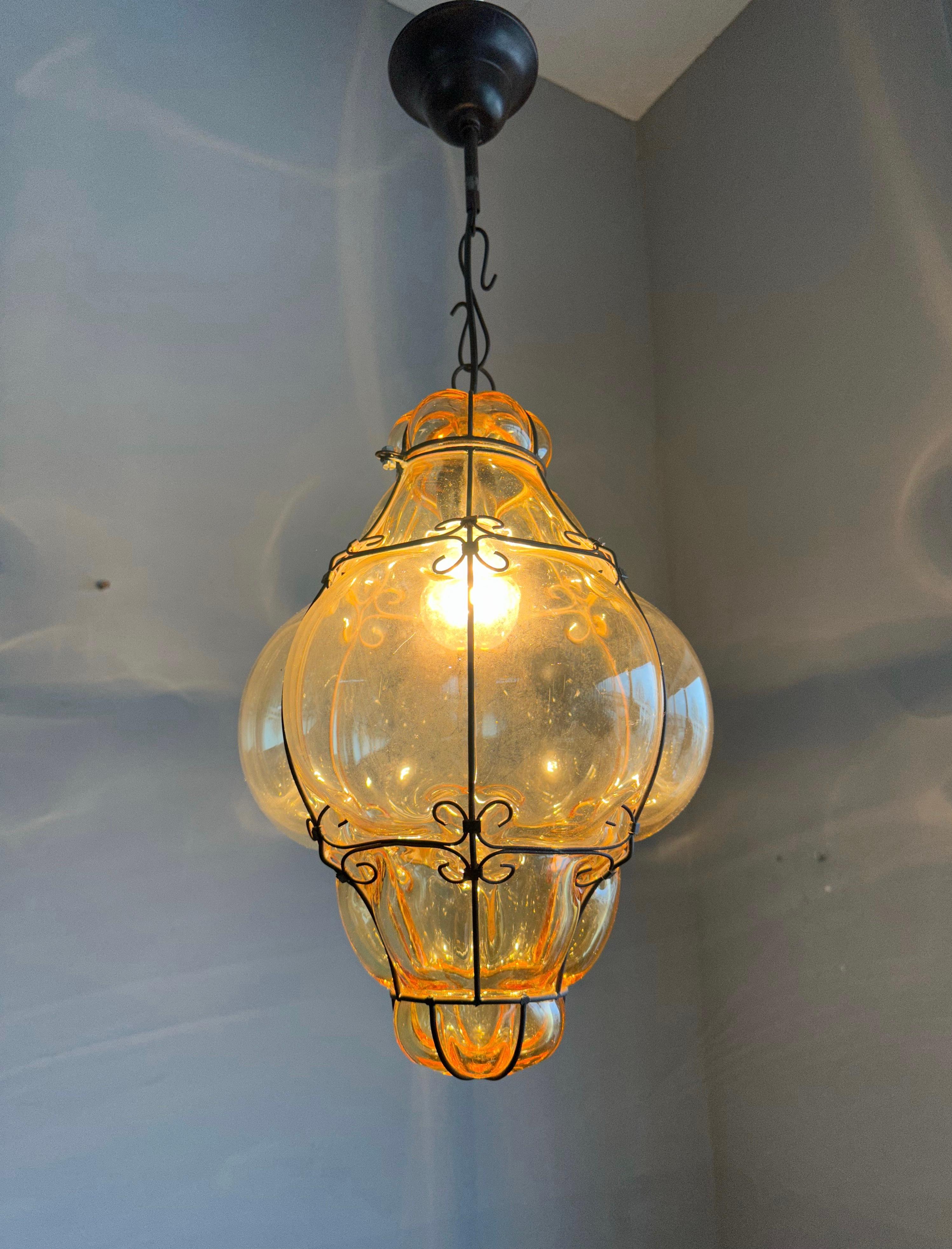 Antique Venetian Murano Pendant Light, Mouth Blown Smoked Glass in iron Frame 6