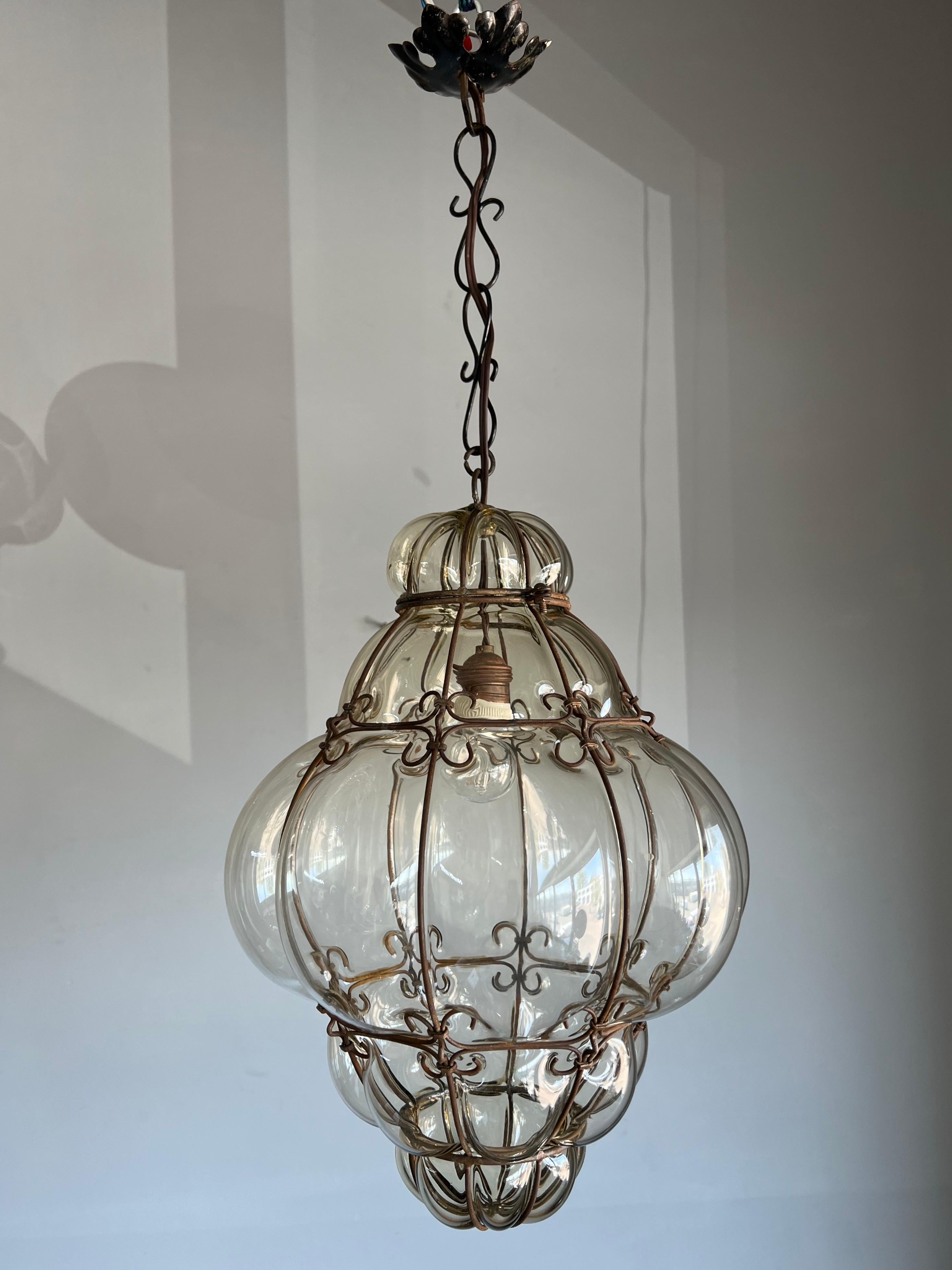 Brilliant Venetian Murano Pendant Light, Mouth Blown Smokey Amber Glass in Frame 7