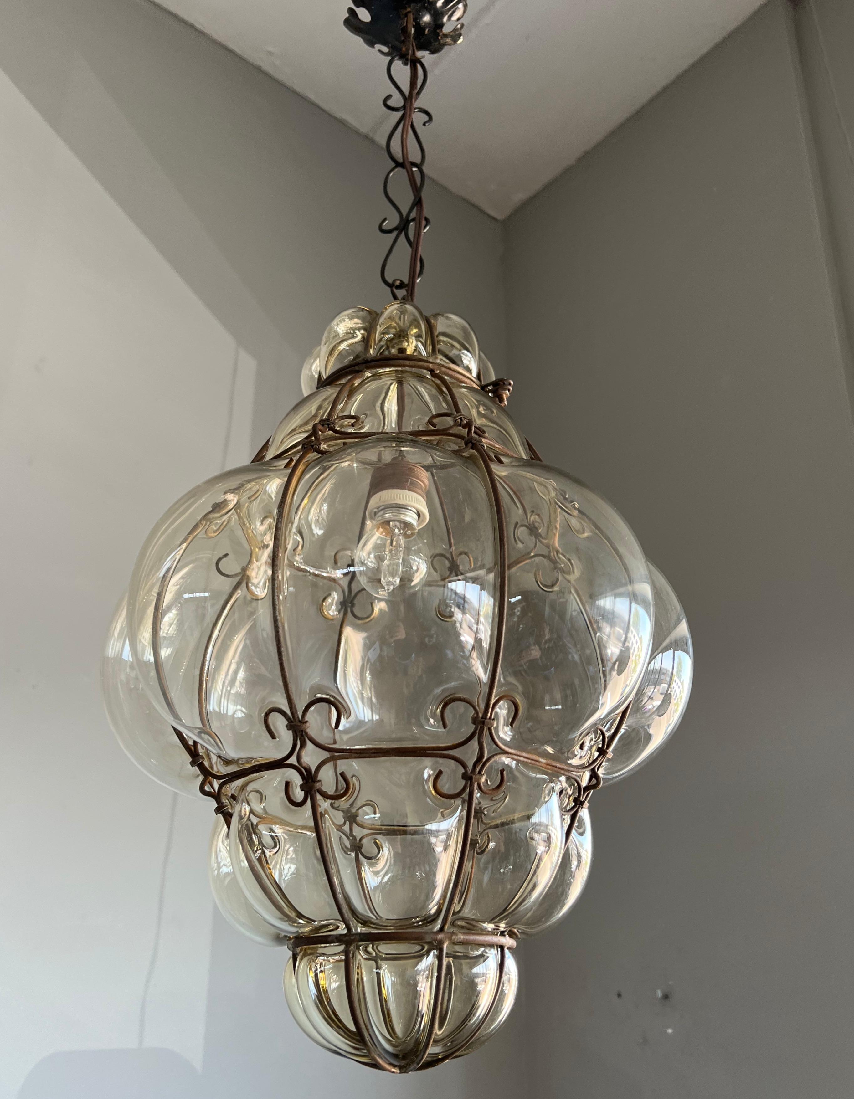 Brilliant Venetian Murano Pendant Light, Mouth Blown Smokey Amber Glass in Frame 8