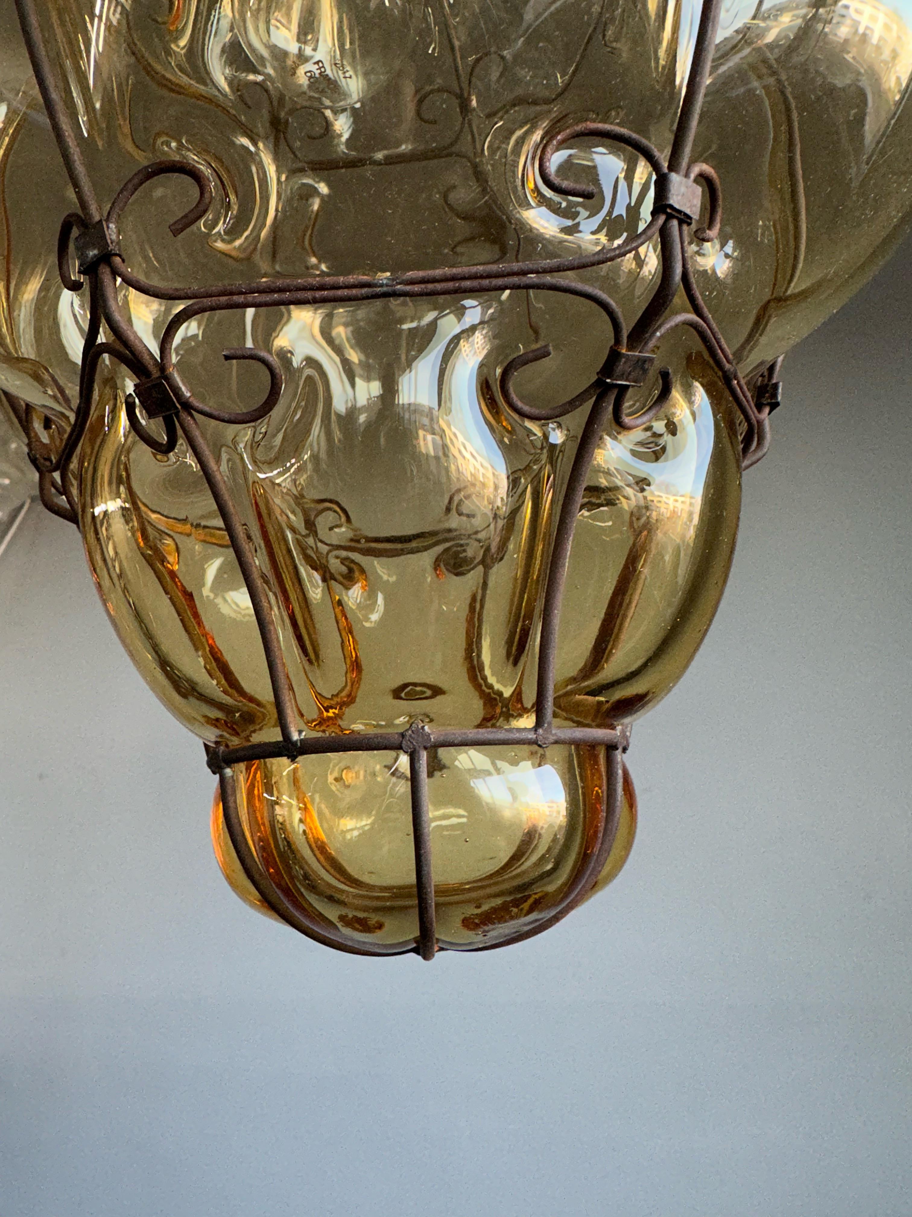 Antique Venetian Murano Pendant Light, Mouth Blown Smoked Glass in iron Frame 10