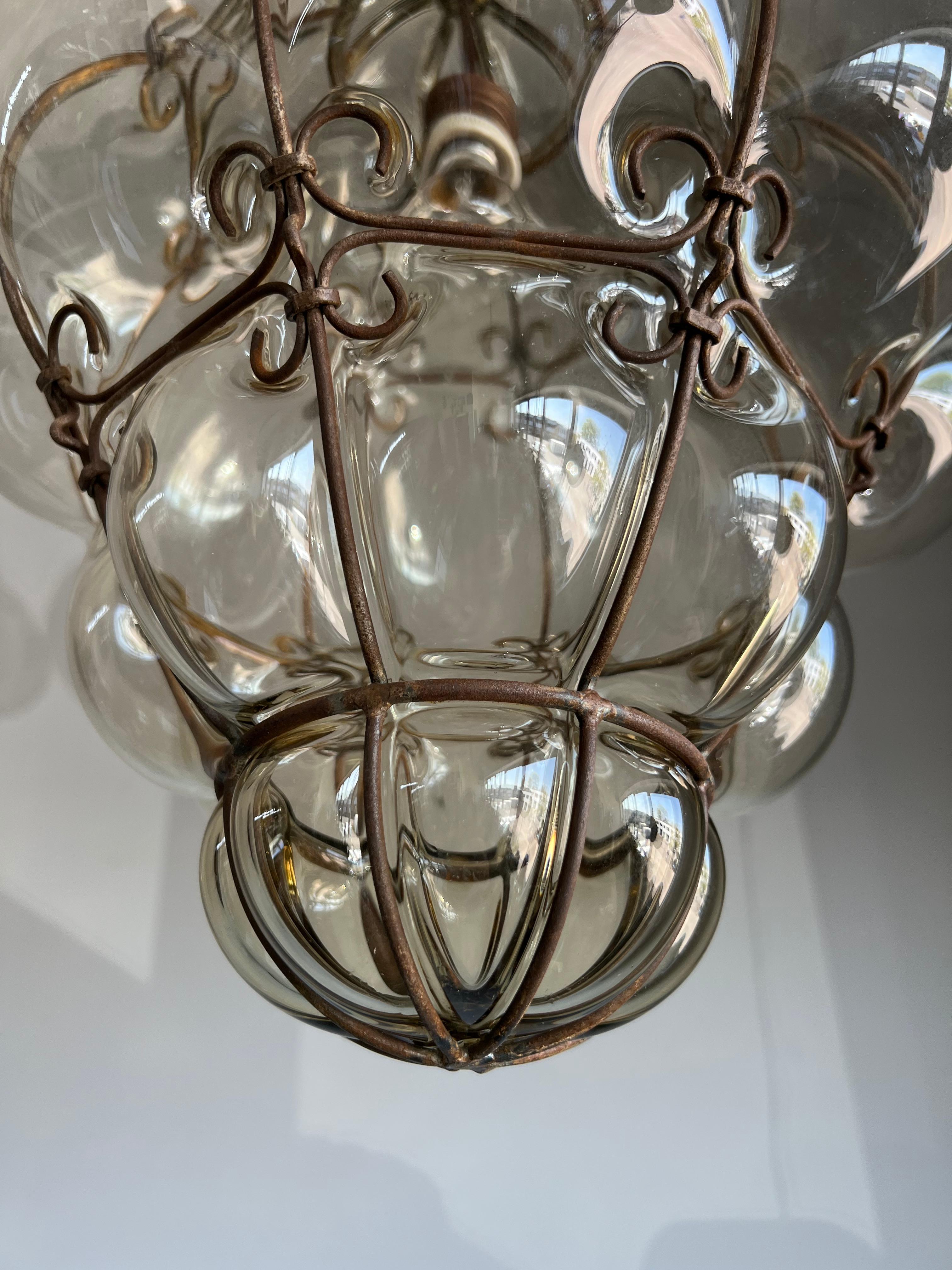Brilliant Venetian Murano Pendant Light, Mouth Blown Smokey Amber Glass in Frame 10
