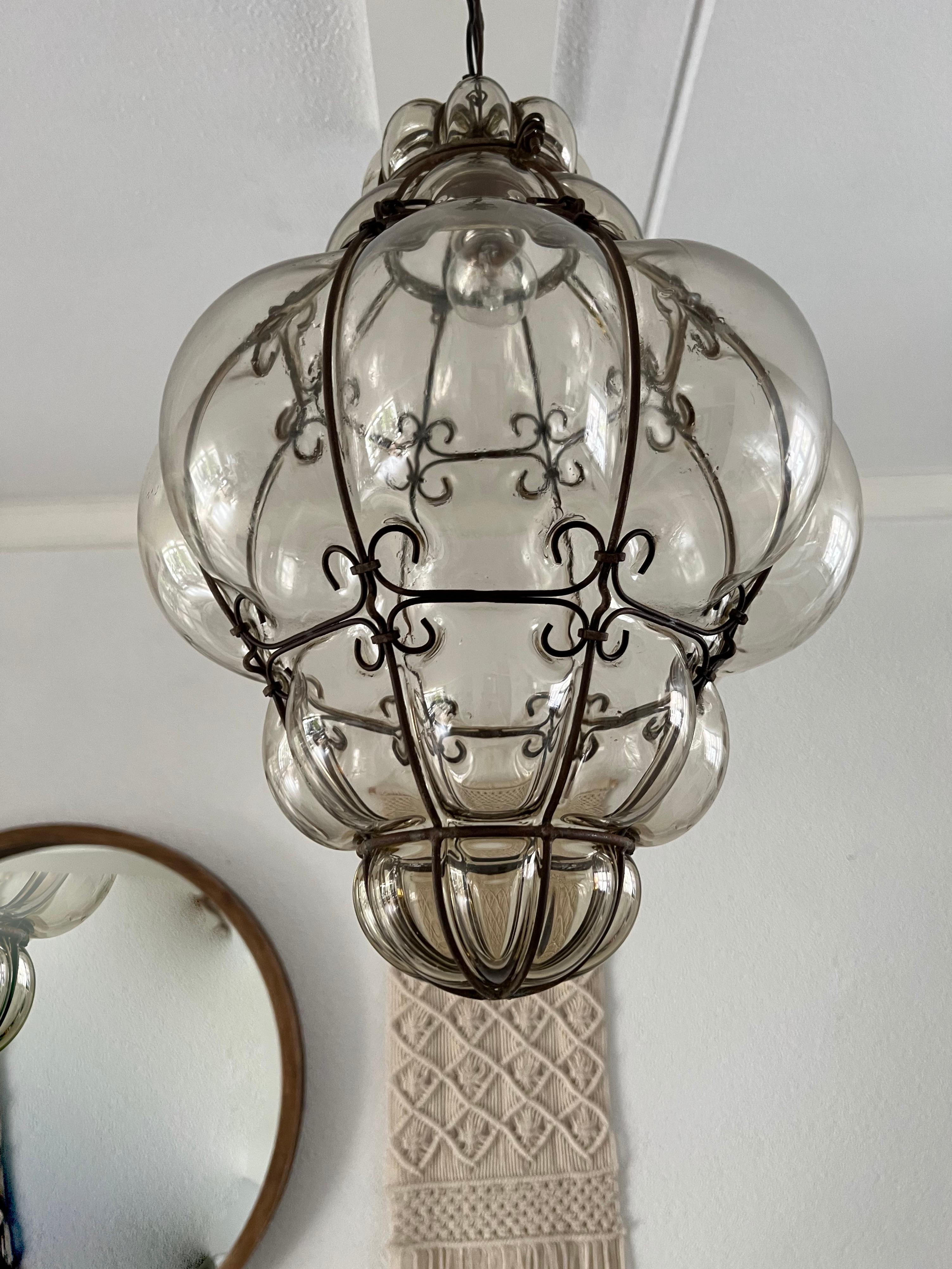 Art Deco Brilliant Venetian Murano Pendant Light, Mouth Blown Smokey Amber Glass in Frame