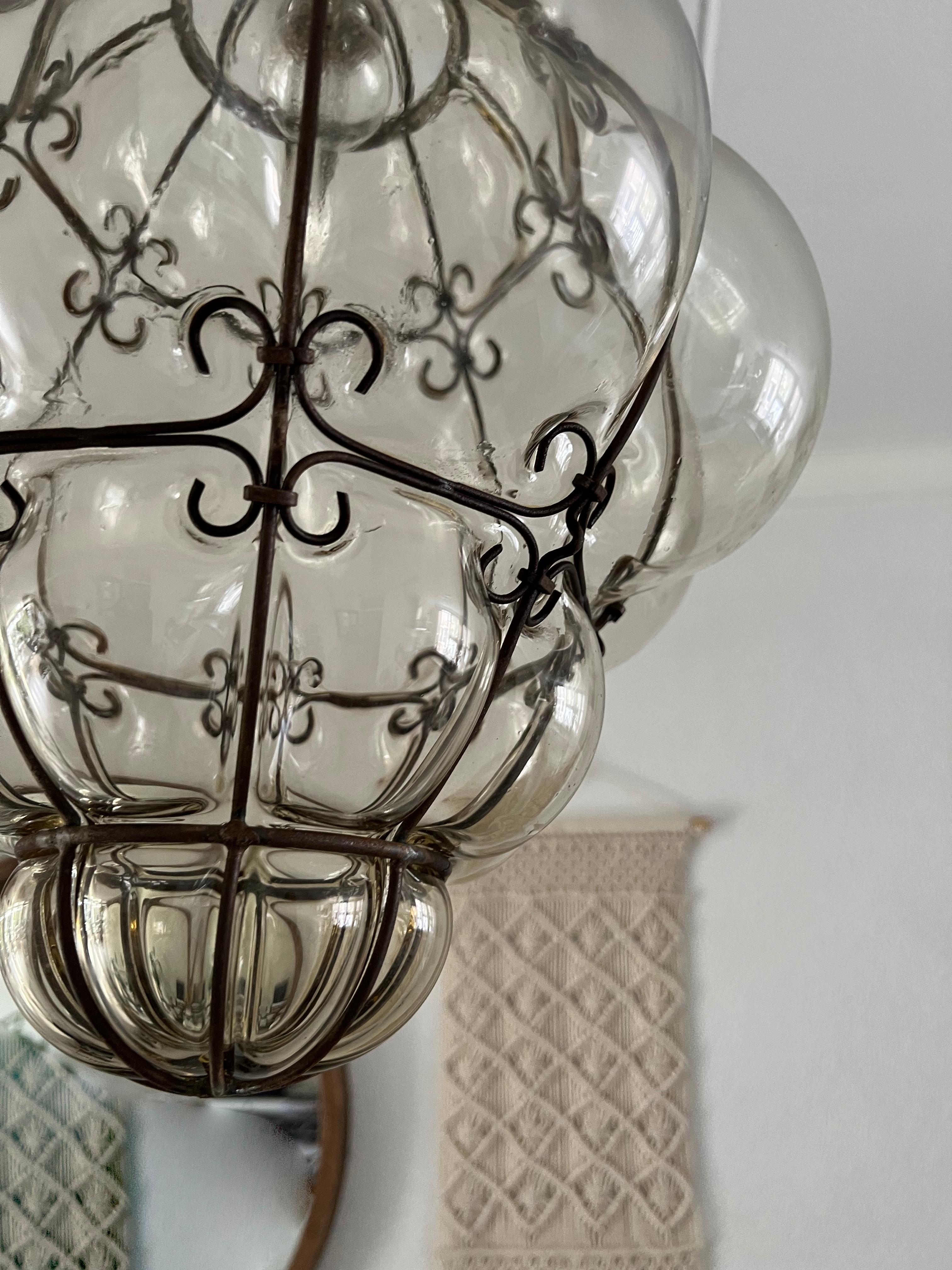 Italian Brilliant Venetian Murano Pendant Light, Mouth Blown Smokey Amber Glass in Frame