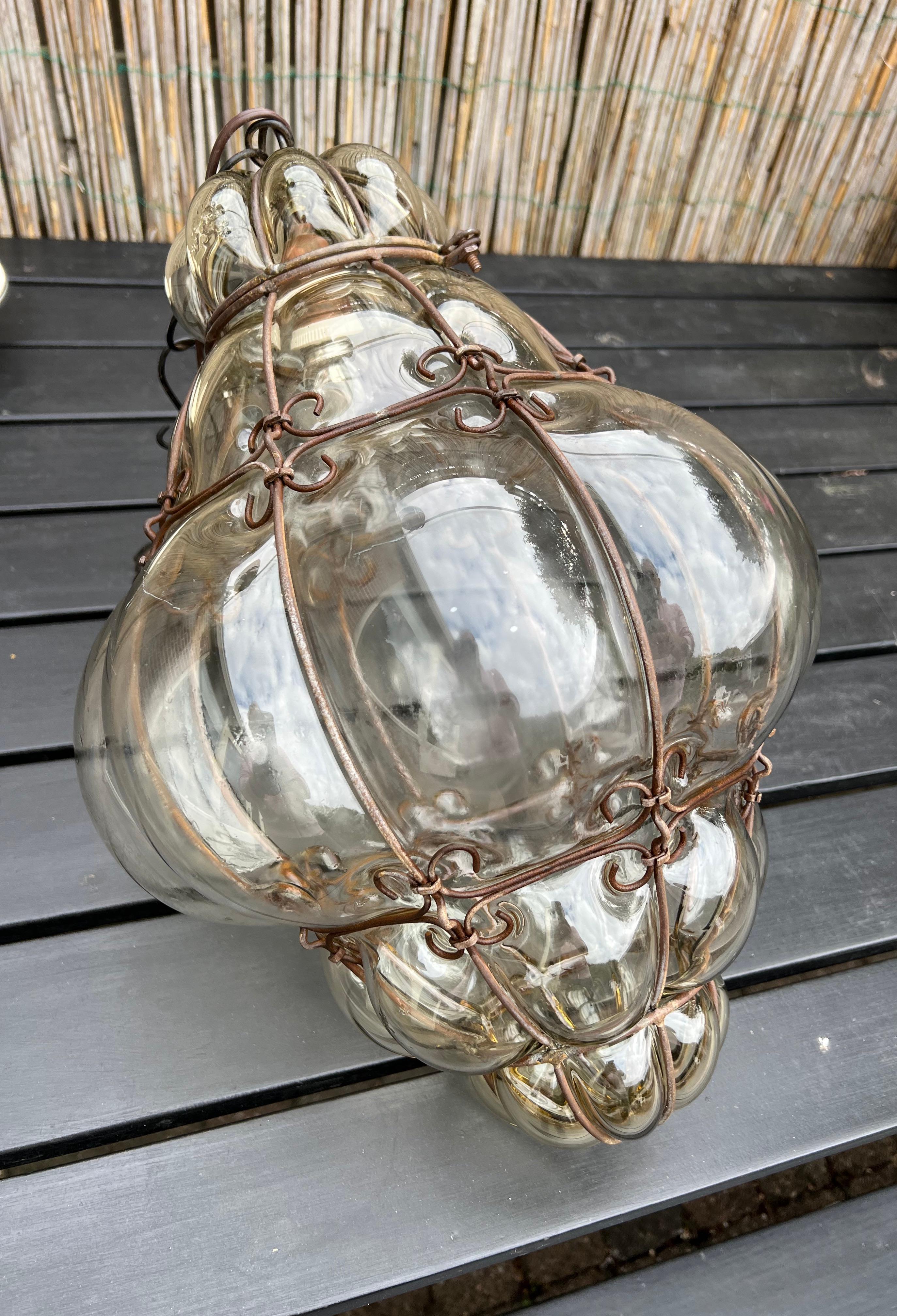 Blackened Brilliant Venetian Murano Pendant Light, Mouth Blown Smokey Amber Glass in Frame