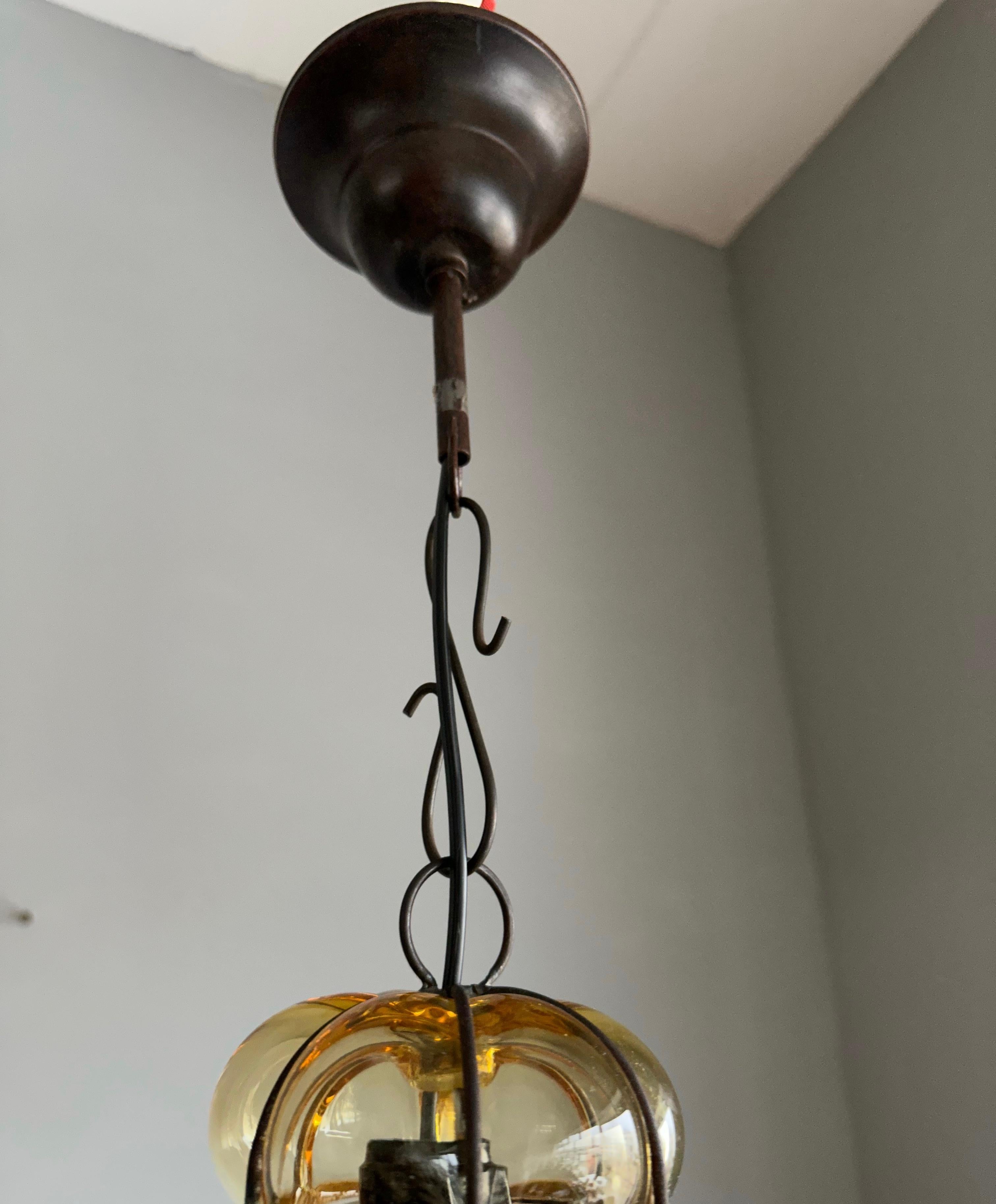 Blown Glass Antique Venetian Murano Pendant Light, Mouth Blown Smoked Glass in iron Frame