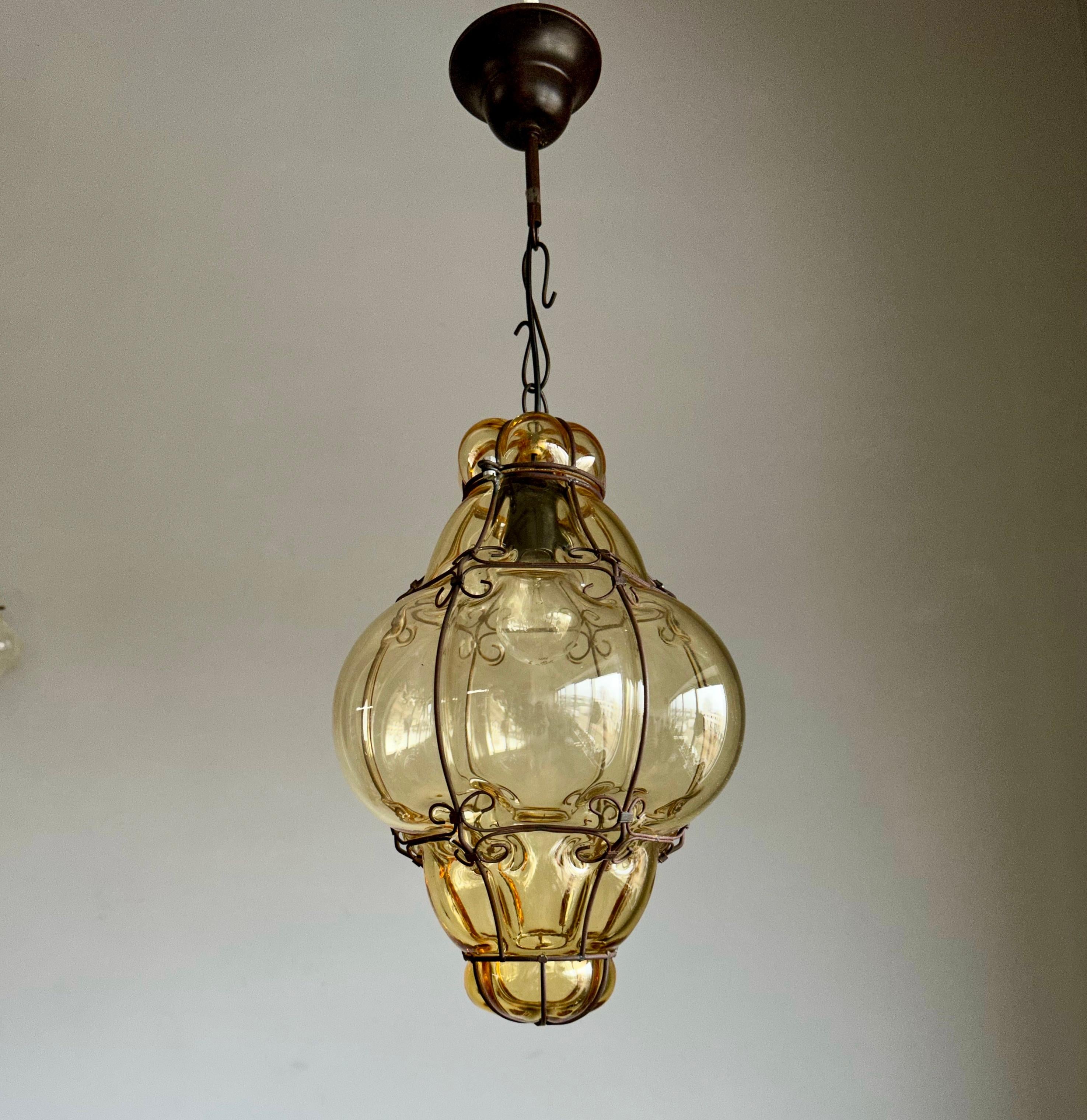 Antique Venetian Murano Pendant Light, Mouth Blown Smoked Glass in iron Frame 1