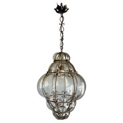 Brilliant Venetian Murano Pendant Light, Mouth Blown Smokey Amber Glass in Frame