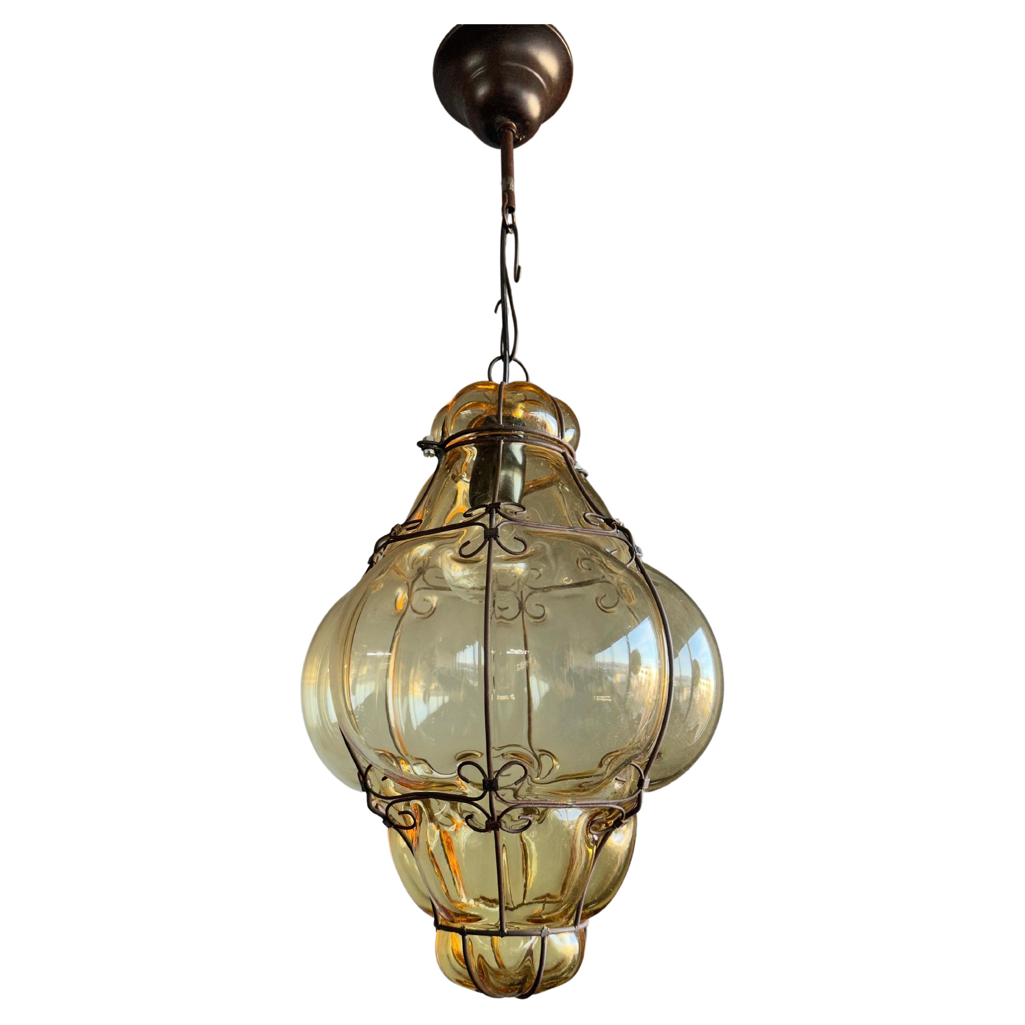 Antique Venetian Murano Pendant Light, Mouth Blown Smoked Glass in iron Frame
