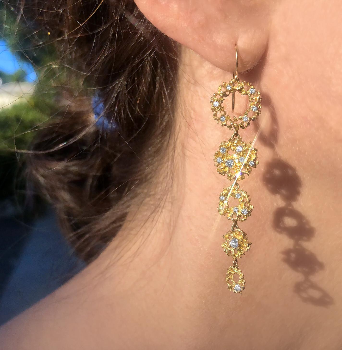 One of a Kind Galaxy Earrings intricately hand-fabricated in 18k yellow gold by Michele Scholnik, the master jewelry artist behind Branch, featuring 18 round brilliant-cut white diamonds on each earring totaling 0.50 carats. The five elements in
