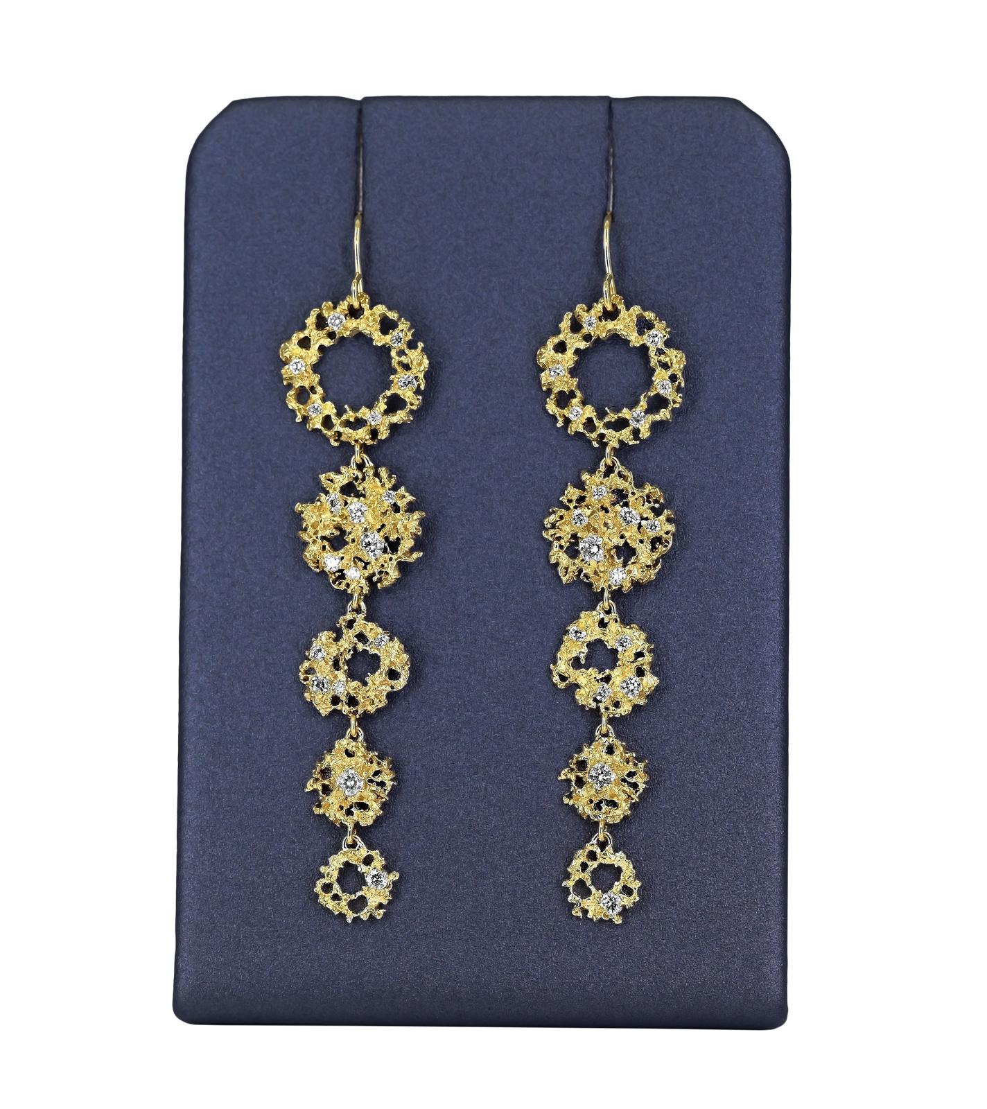 Artisan Brilliant White Diamond Galaxy Yellow Gold Dangle Drop Earrings, Branch 2022 For Sale