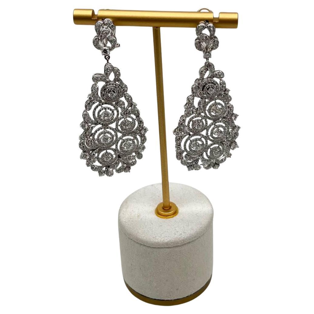 Brilliant White Diamonds Pave Filigree Statement Drop 18K White Gold Earrings