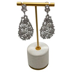 Brilliant White Diamonds Pave Filigree Statement Drop 18K White Gold Earrings