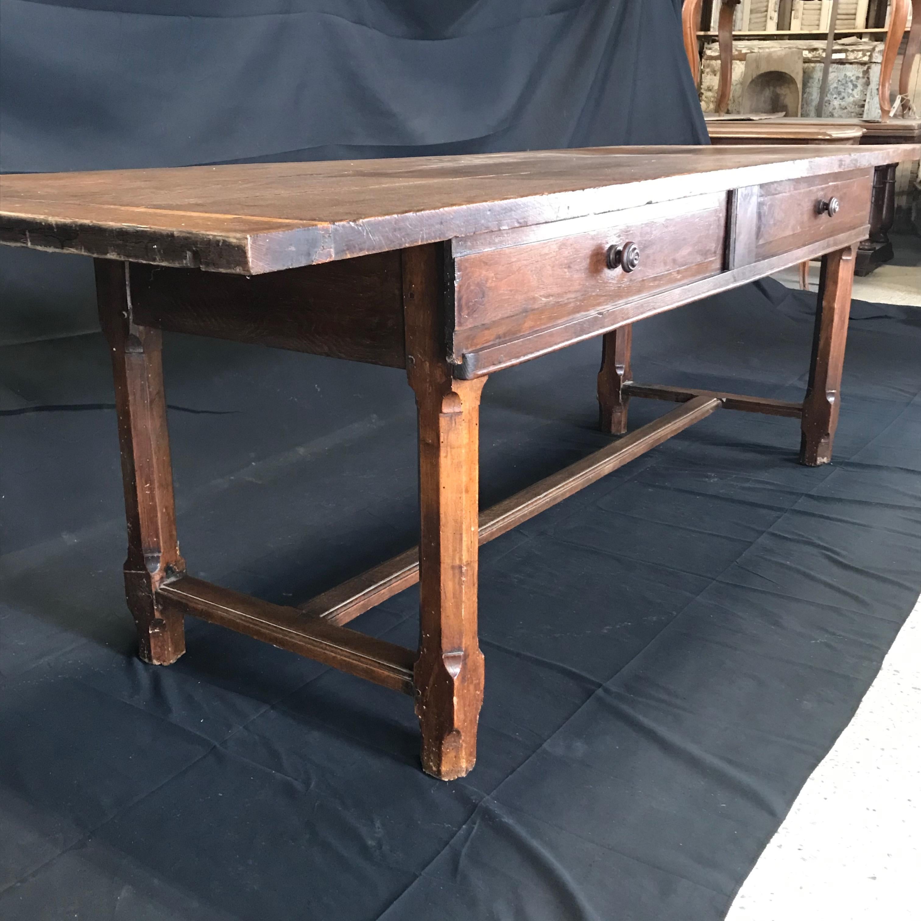 French Provincial Brilliantly Charming Early 19th Century Oak Farm Table with Sliding Drawers