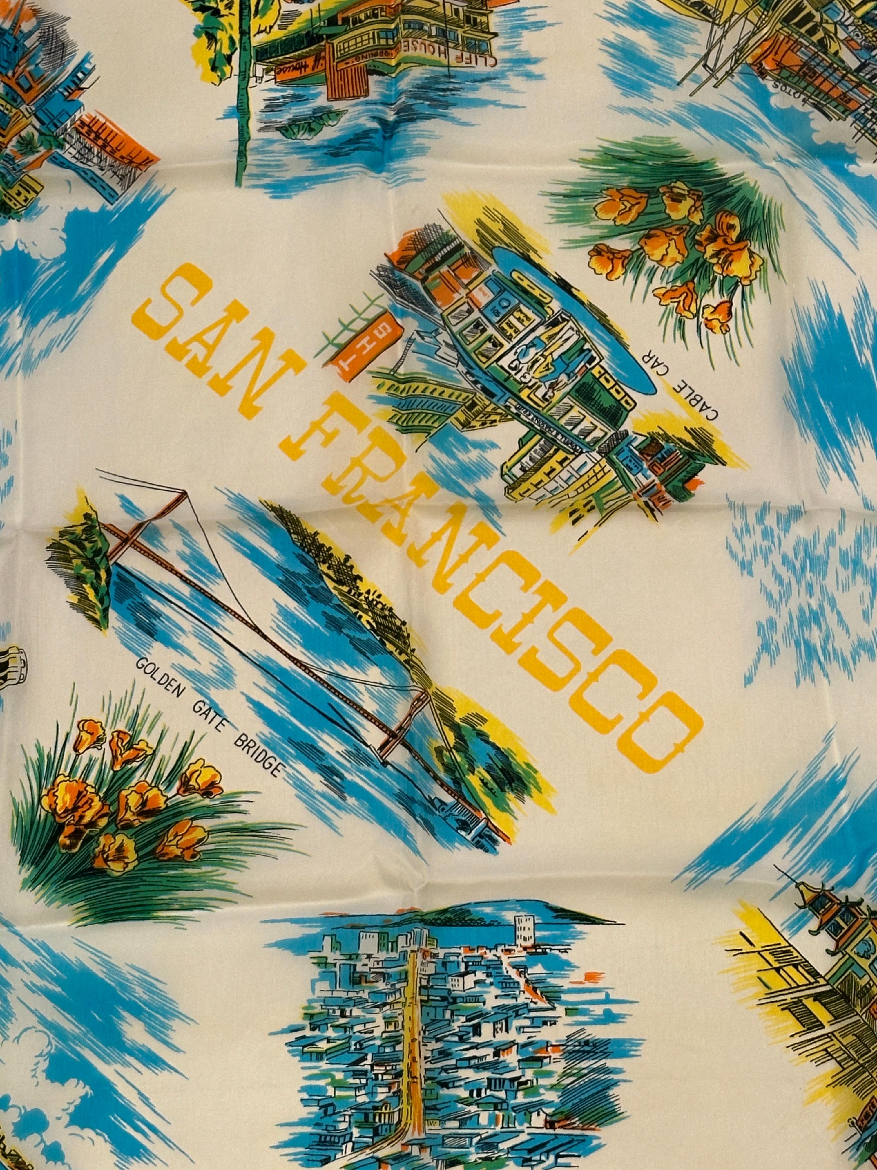 This brilliantly colorful vivid scenes of San Francisco features some of the most popular places that makes San Francisco so famous. The scarf measures 28 1/2 inches by 30 inches. Made of Acrylic and made in Japan 