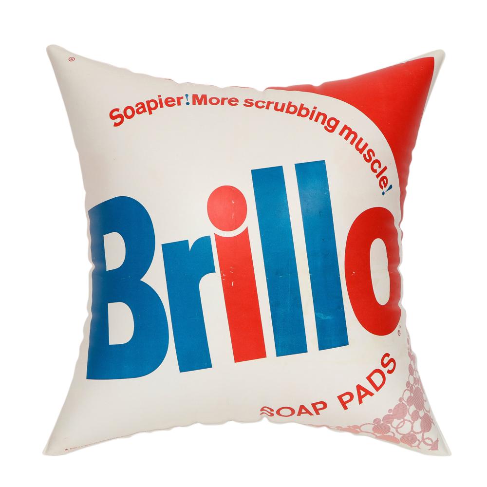 After Warhol Brillo pillow, red, white, blue, inflatable, signed. Large promotional inflatable pillow produced by the Purex Corporation for their brand, Brillo Pads. The printed information on the pillow reads: Brillo Pads is a registered trademark