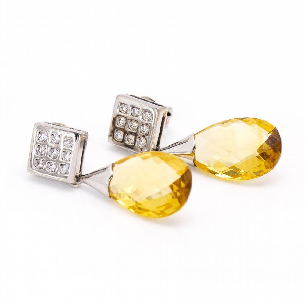 Yellow Gold Earrings for women  18x Brilliant cut Diamonds with total weight approx. 0.36ct in H/VS quality  2x Faceted Briolé Citrines  Pressure closure  18 kt White Gold  6.26 grams.  Measurements: 3cm high and 1cm wide  Brand new item 